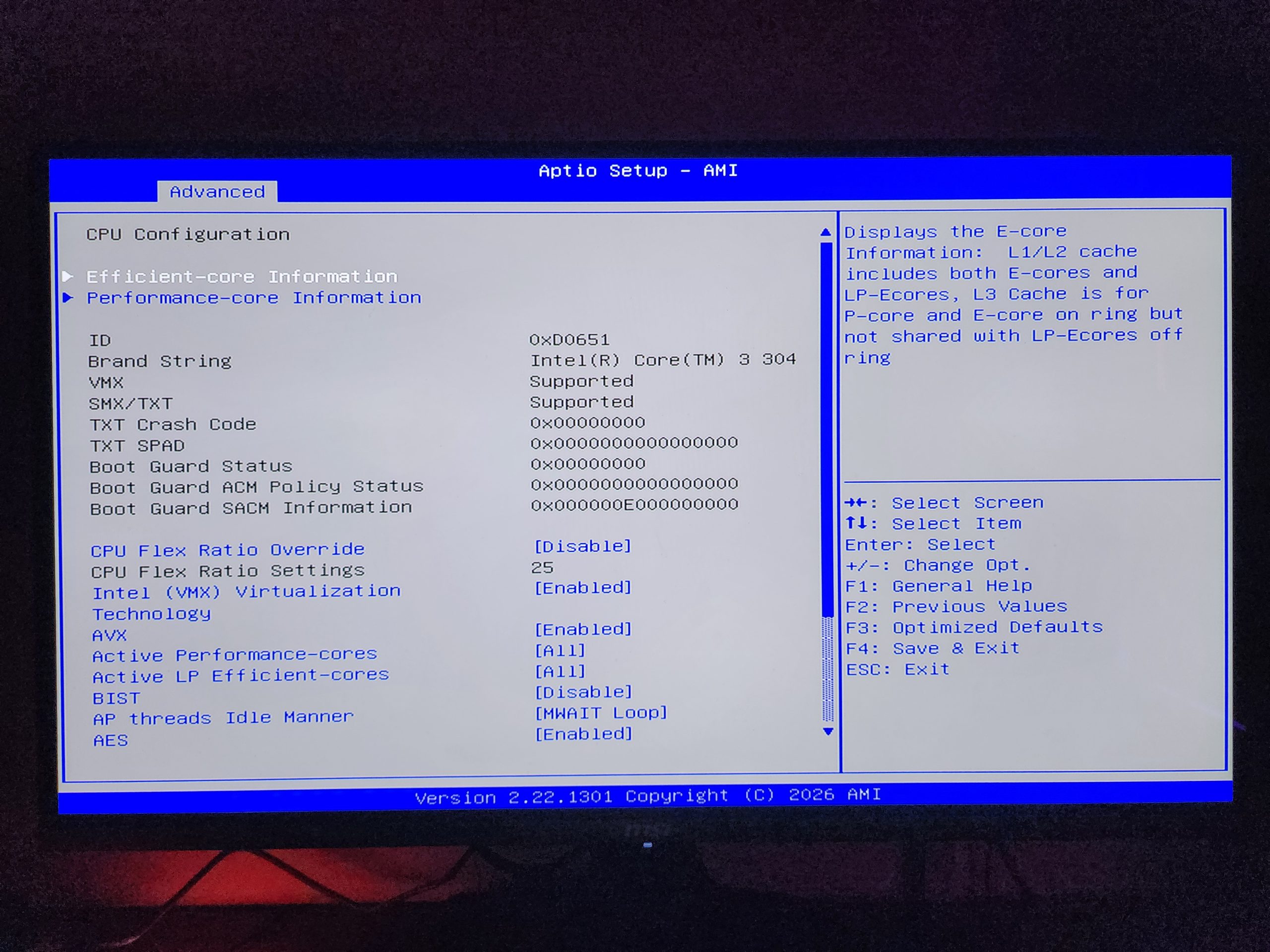 An Aptio Setup AMI screen displays detailed CPU configuration settings for an Intel Core(TM) 3 304 processor, including virtualization technology and active core details.