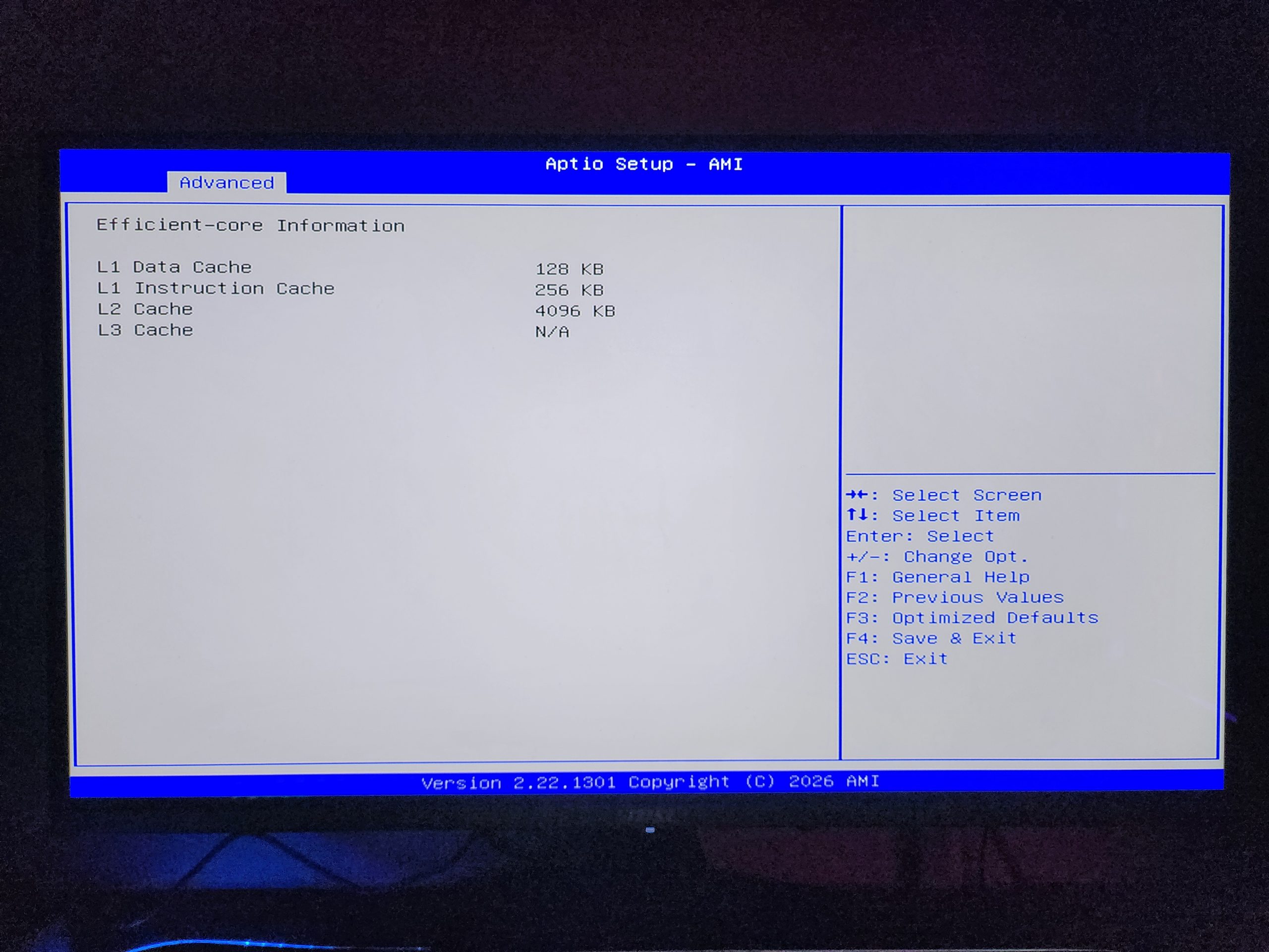 A BIOS screen from Aptio Setup - AMI displays 'Efficient-core Information' with cache details: L1 Data Cache 128 KB, L1 Instruction Cache 256 KB, L2 Cache 4096 KB, and L3 Cache N/A.