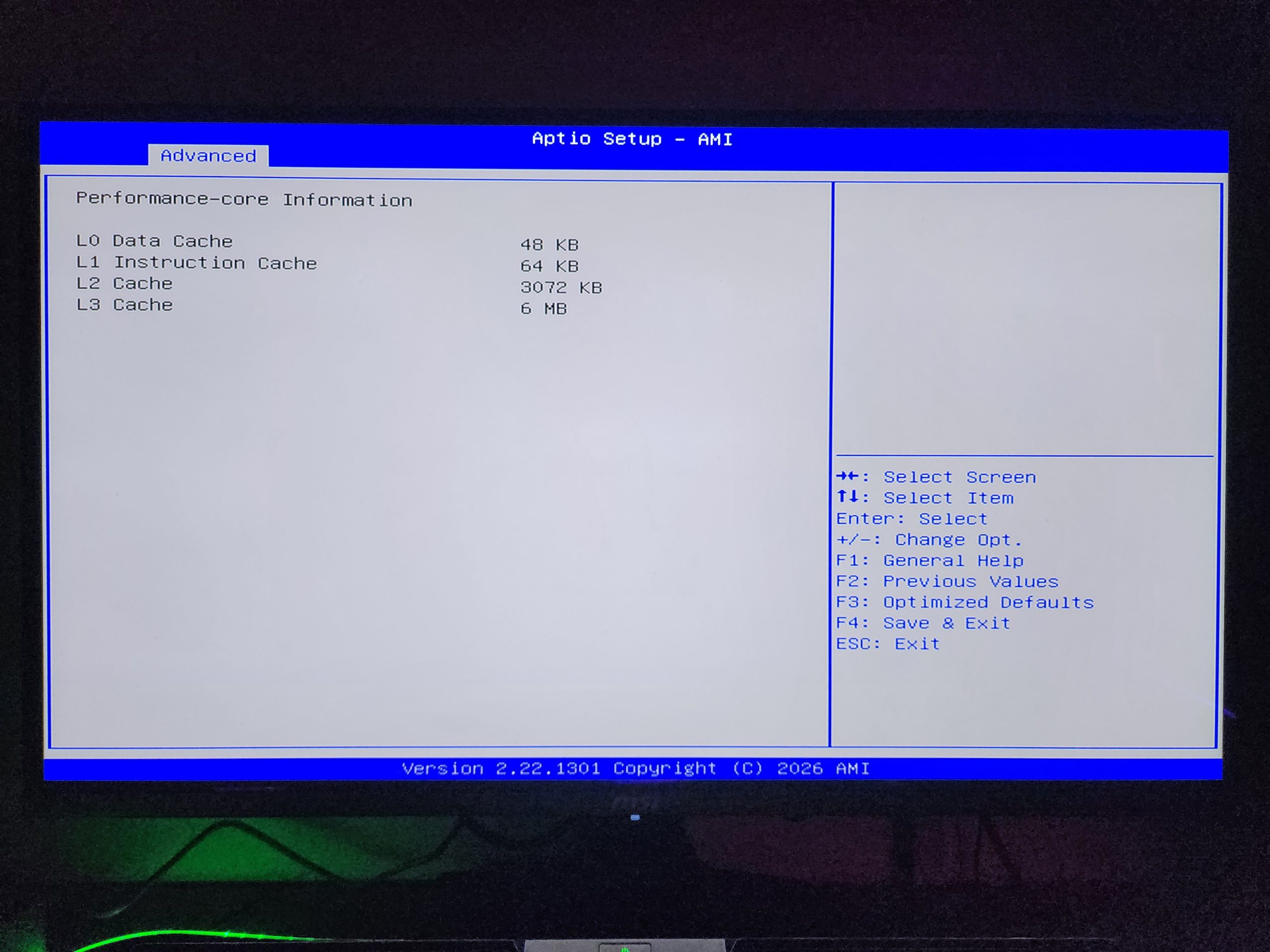 The Aptio Setup screen displays 'Performance-core Information' with cache sizes: L0 Data Cache 48 KB, L1 Instruction Cache 64 KB, L2 Cache 3072 KB, and L3 Cache 6 MB.