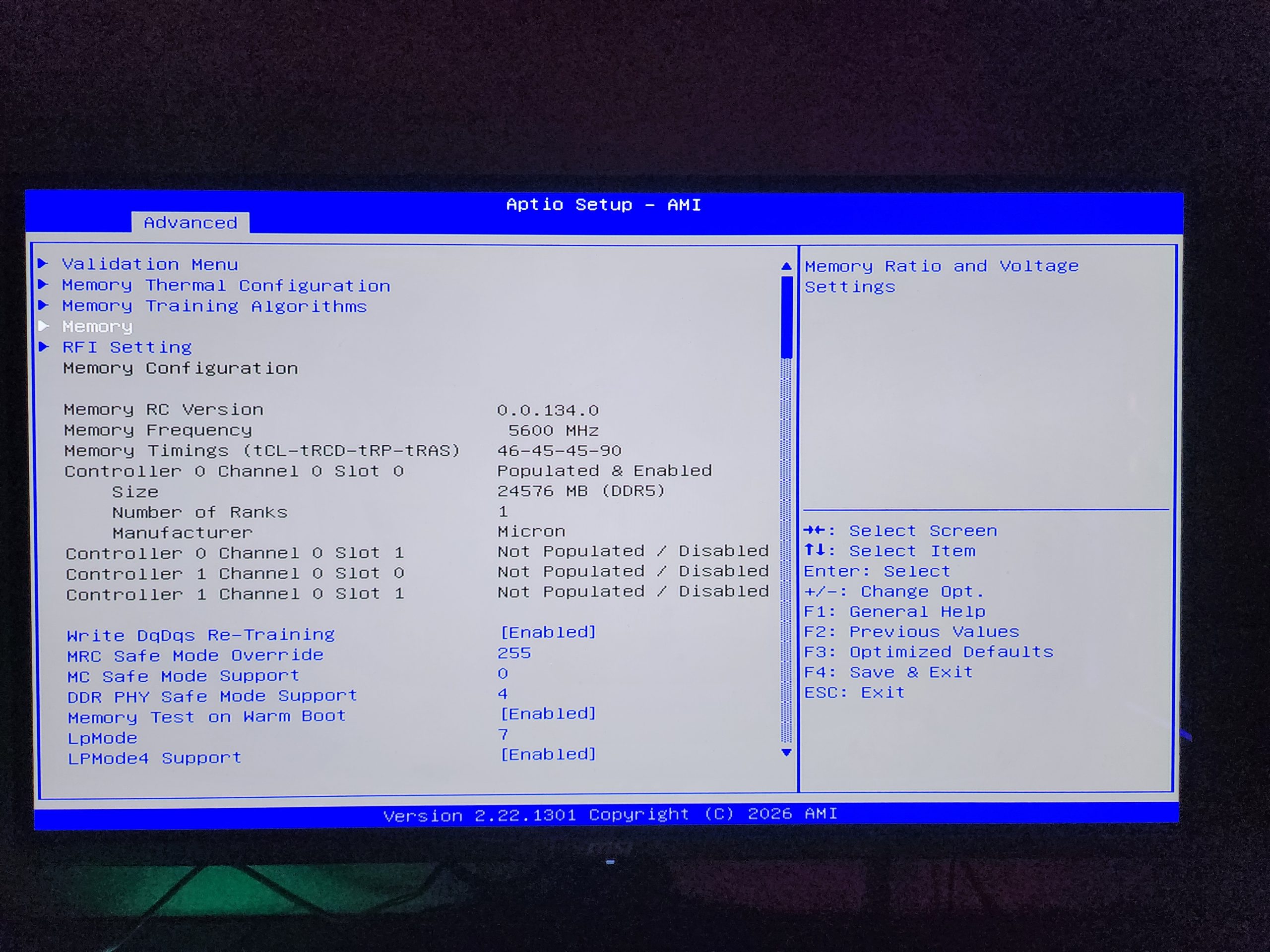 A BIOS screen for Aptio Setup - AMI displays advanced memory configuration settings, showing a memory frequency of 5600 MHz and a memory size of 24576 MB, manufactured by Micron.