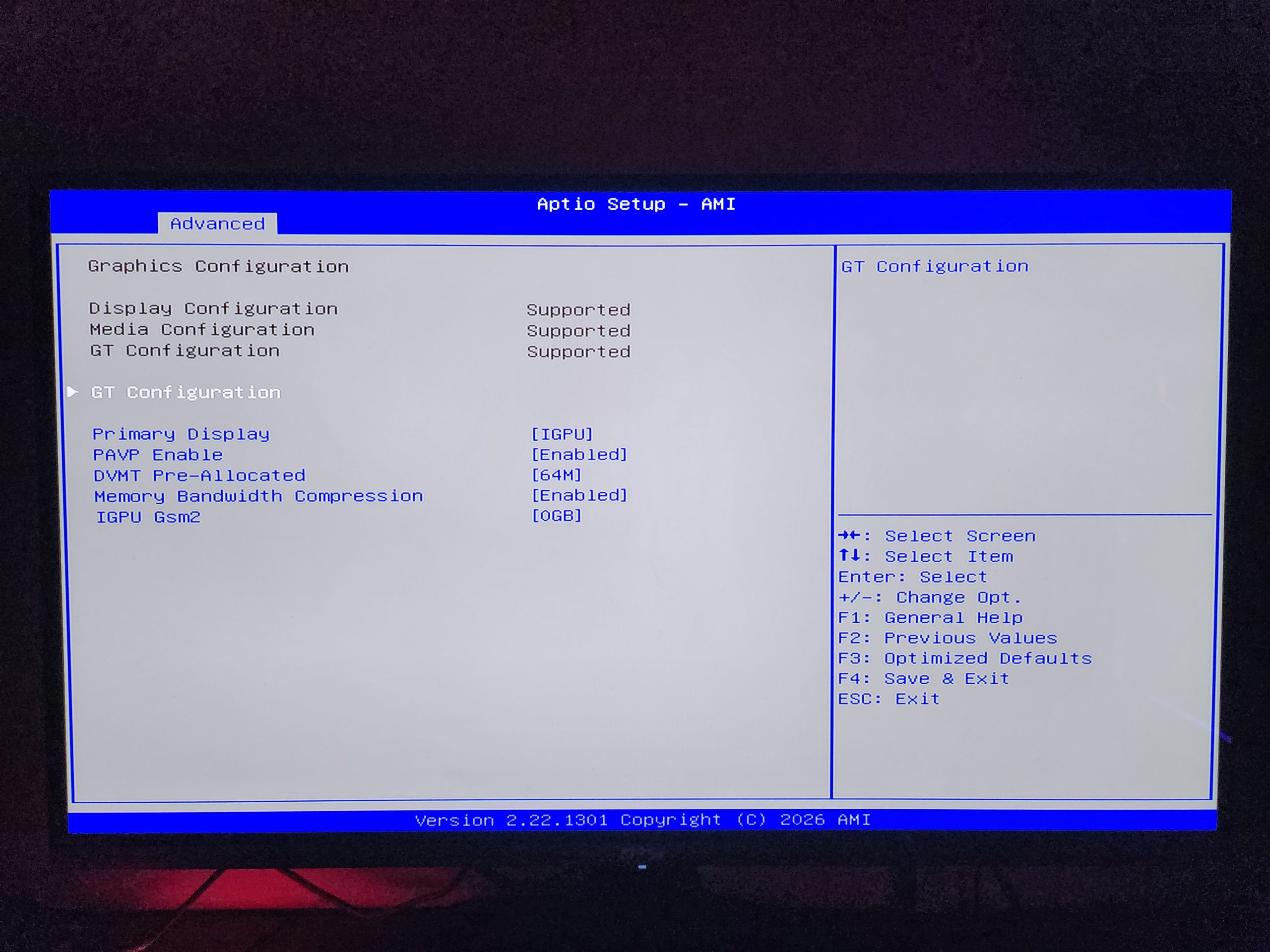 The image shows an AMI BIOS screen with the 'Advanced' tab open, displaying 'GT Configuration' with options like Primary Display set to [IGPU] and features like PAVP and Memory Bandwidth Compression enabled.