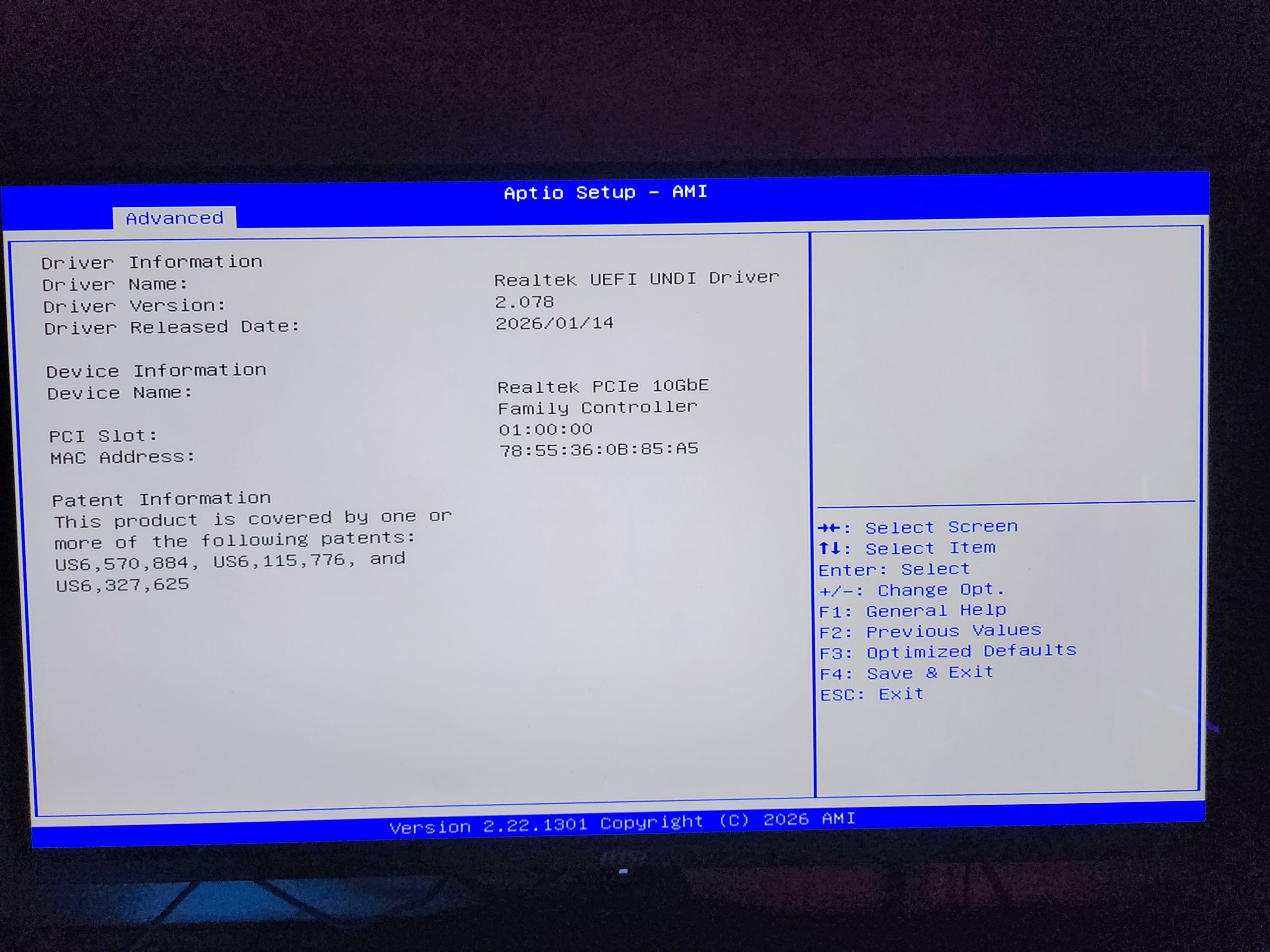 A BIOS screen titled 'Aptio Setup - AMI' shows driver information for a 'Realtek UEFI UNDI Driver' version 2.078, released on '2026/01/14', and device information for 'Realtek PCIe 10GbE Family Controller'.