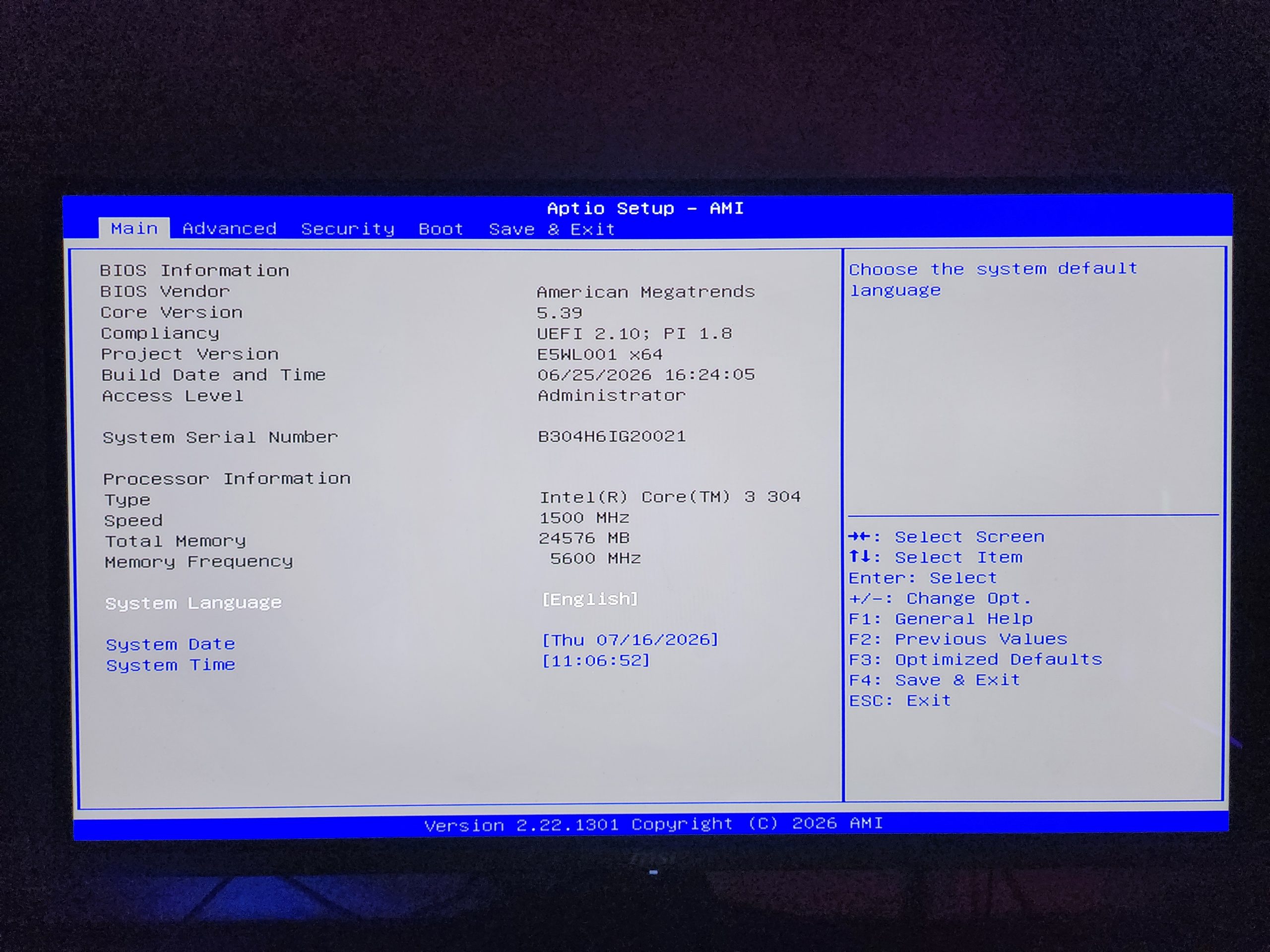 The BIOS setup screen from American Megatrends shows an Intel Core i3 304 processor with 24576 MB of total memory and a memory frequency of 5600 MHz.