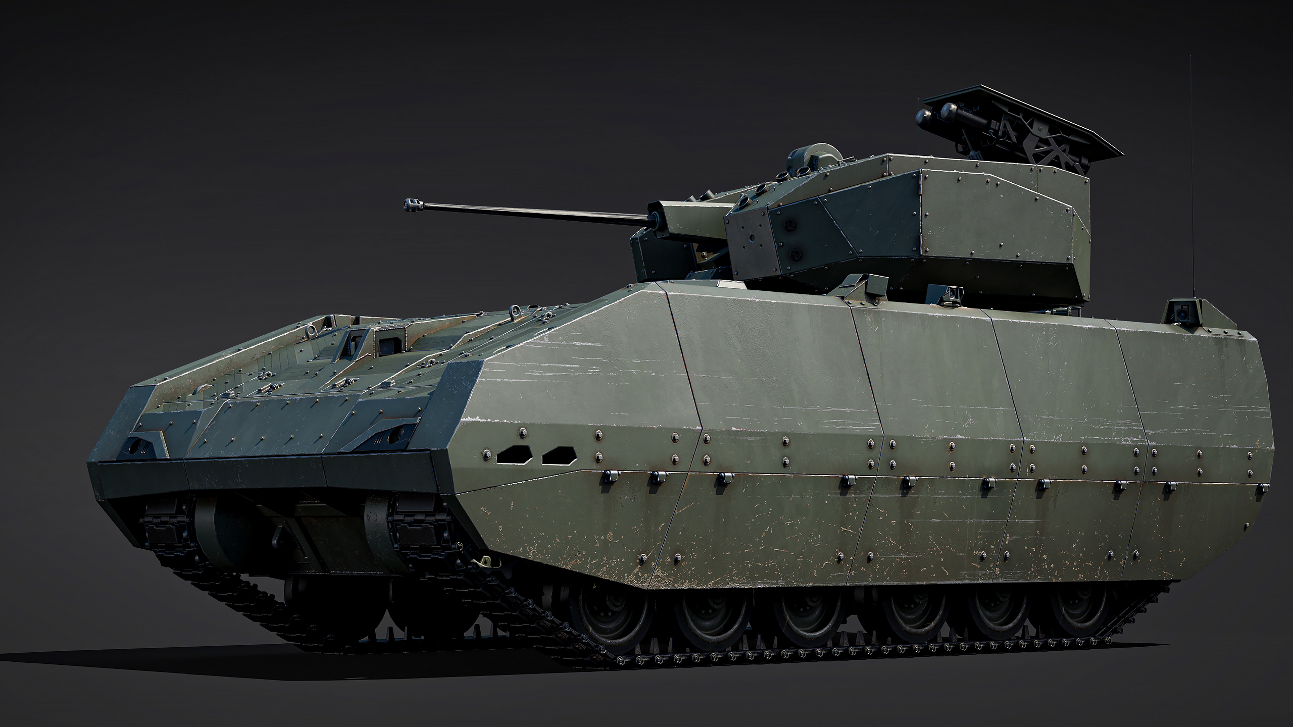 A 3D-rendered military armored vehicle with a mounted cannon and missile launcher, set against a dark background.
