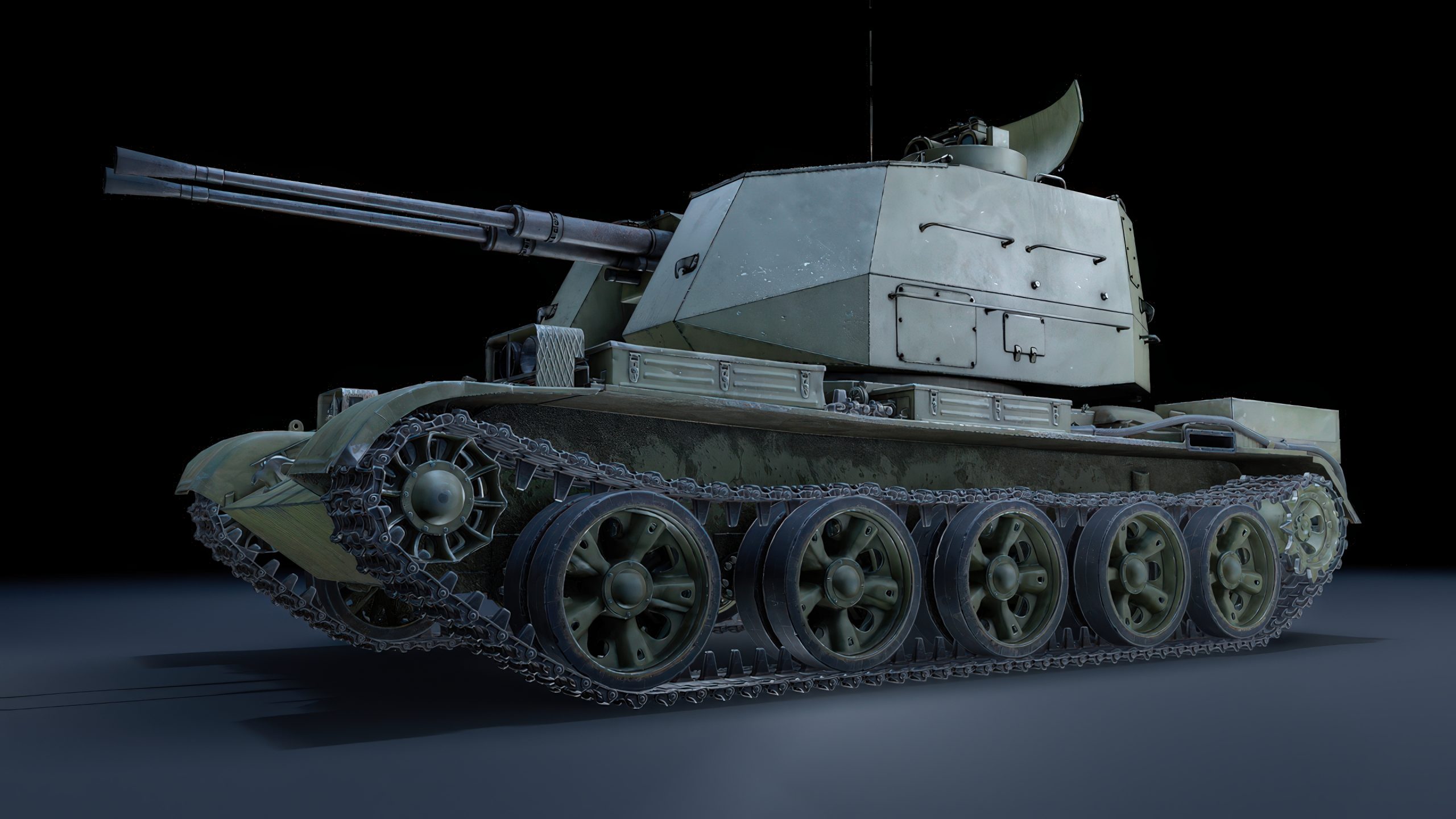 A rendered image of a realistic World War II-era tank with a turret and caterpillar tracks, set against a dark background.