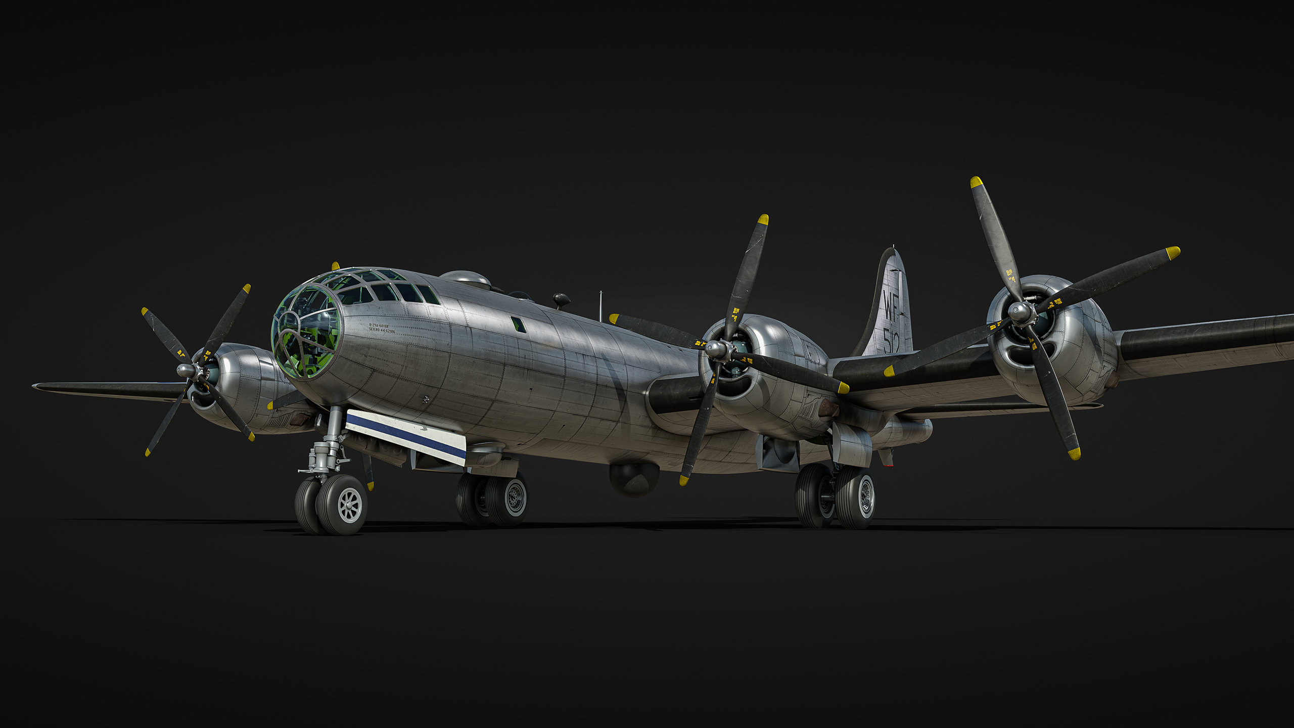 A detailed rendering of a B-29 Superfortress bomber with visible propellers and landing gear against a dark background.