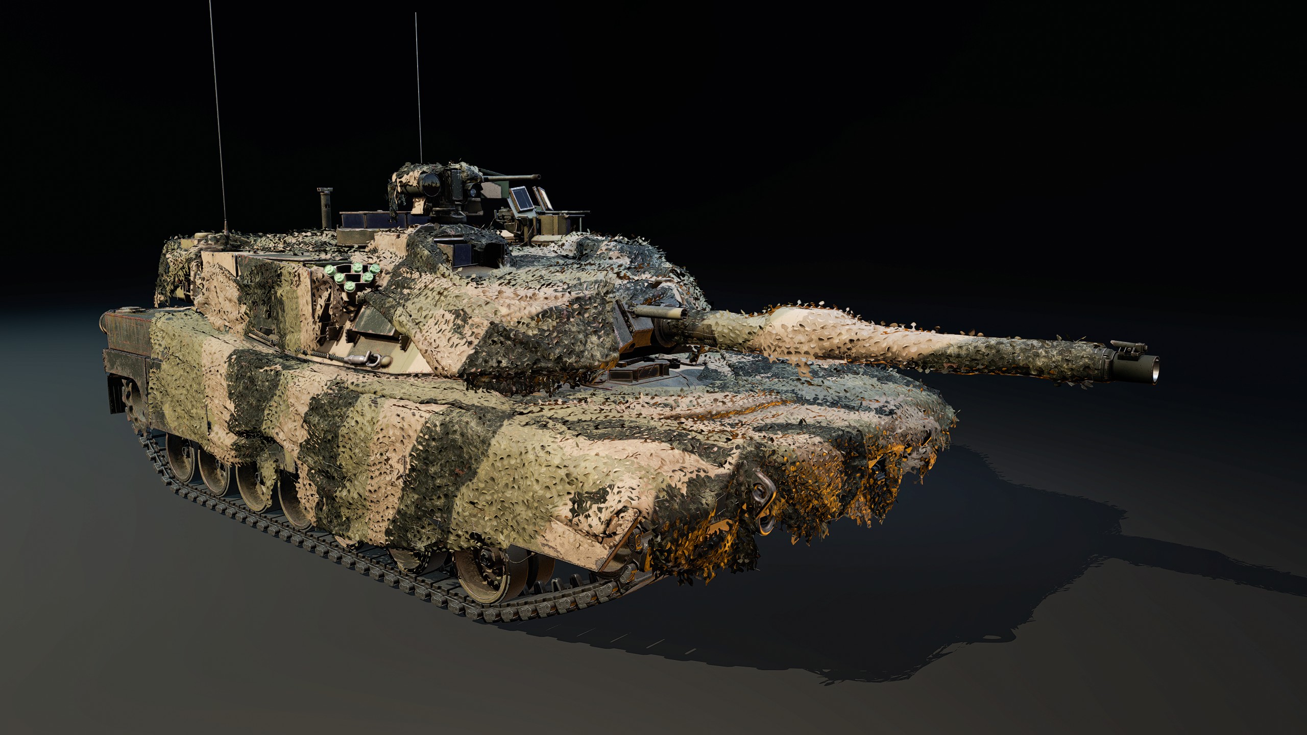 A camouflaged military tank with a long barrel and antennas is displayed against a dark background.