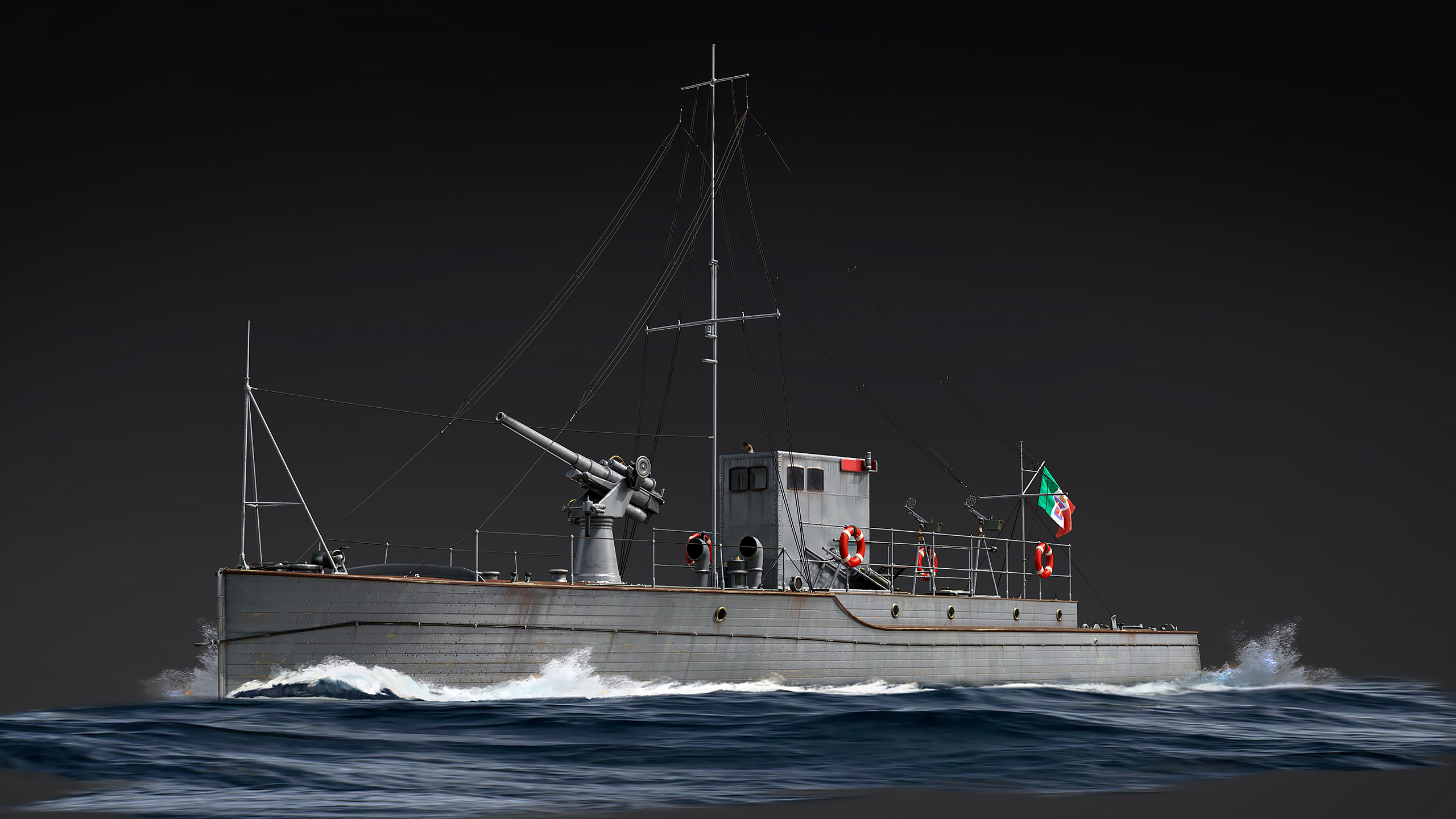 A detailed image of an Italian MAS (Motoscafo Armato Silurante) patrol boat with visible lifebuoys and a mounted naval gun, navigating through waves under a dark sky.