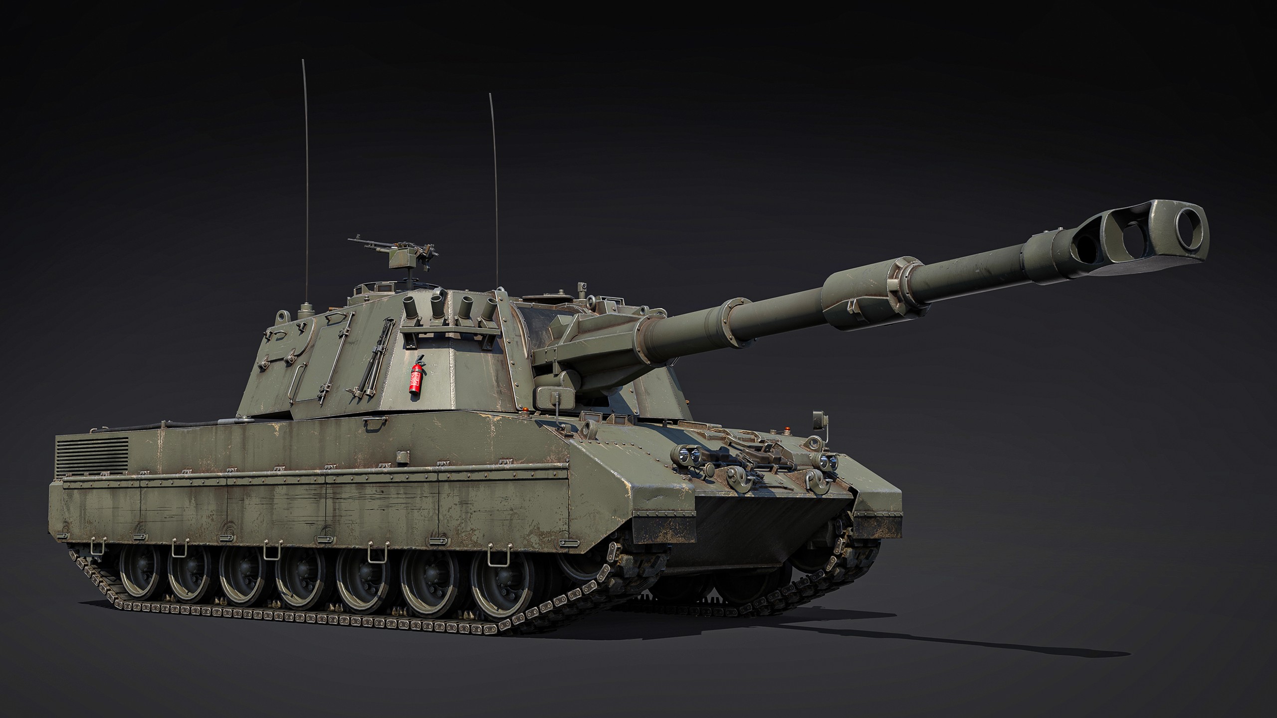 A detailed rendering of a military tank with a long barrel and visible treads against a dark background.