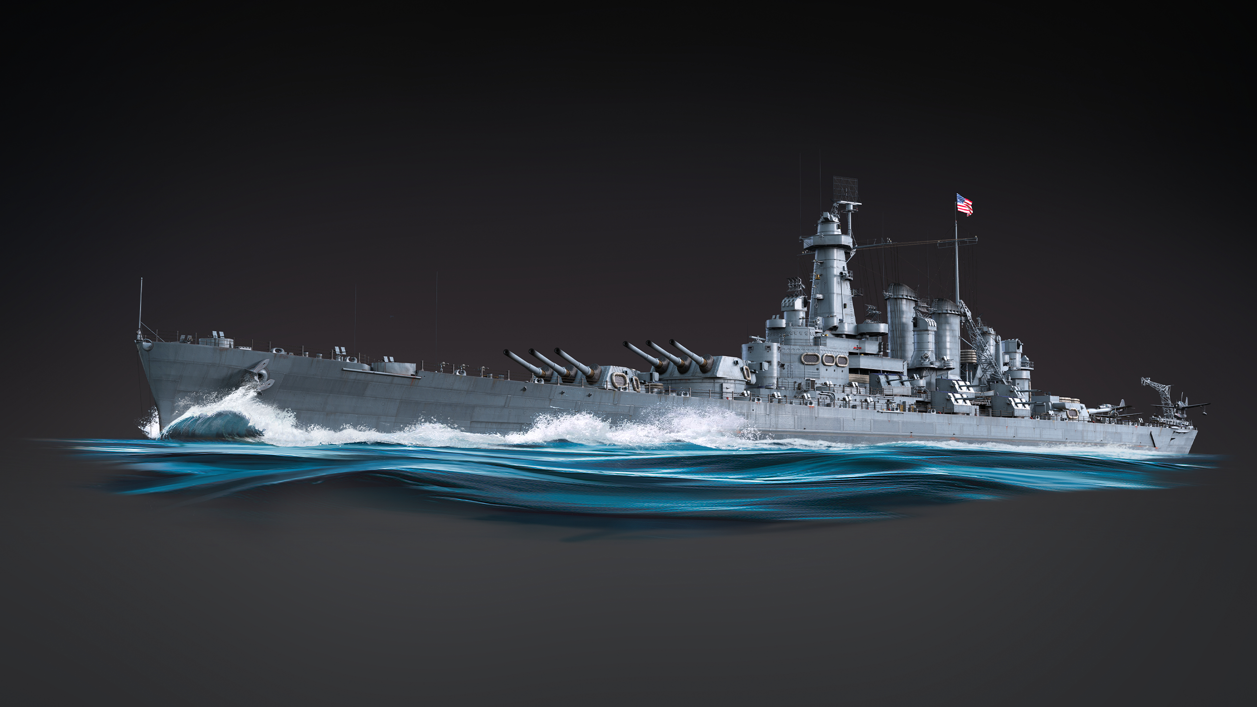 A detailed rendering of a World War II-era U.S. battleship with multiple large gun turrets and an American flag, sailing through stylized blue waves against a dark background.