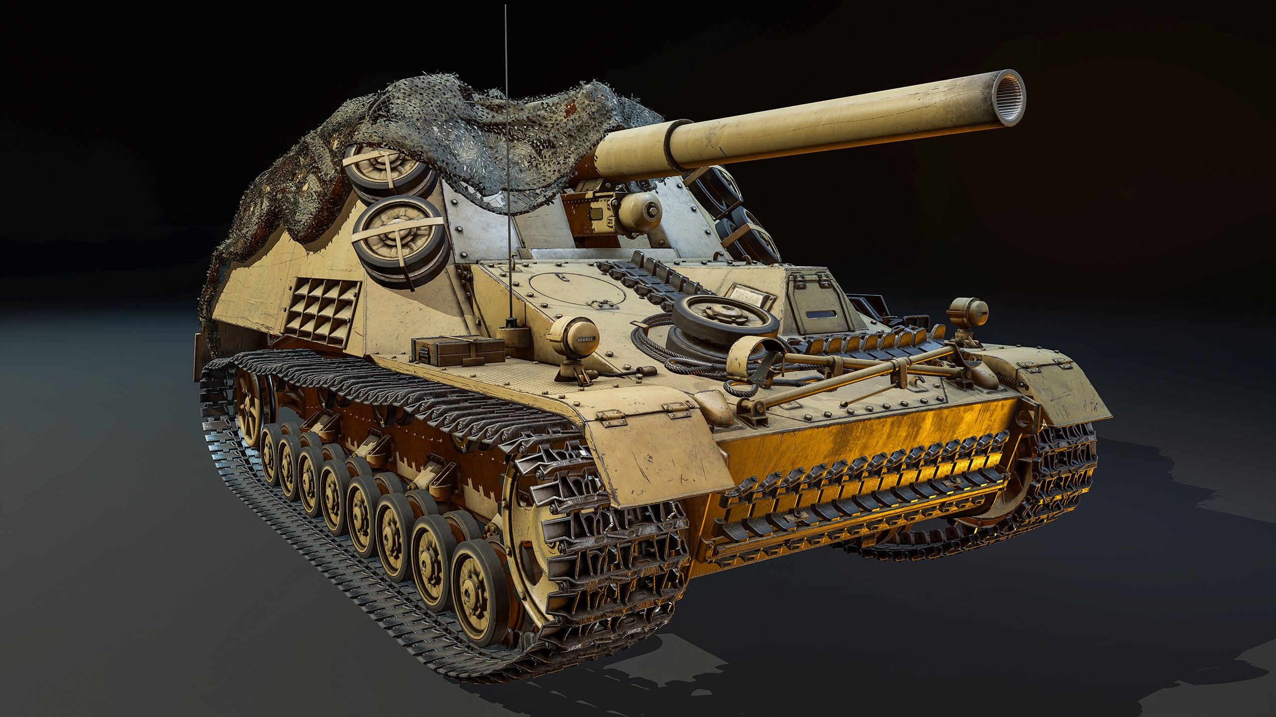 A detailed rendering of a heavily armored tank with a large barrel, camouflage netting, and tracks visible, set in a dark background.