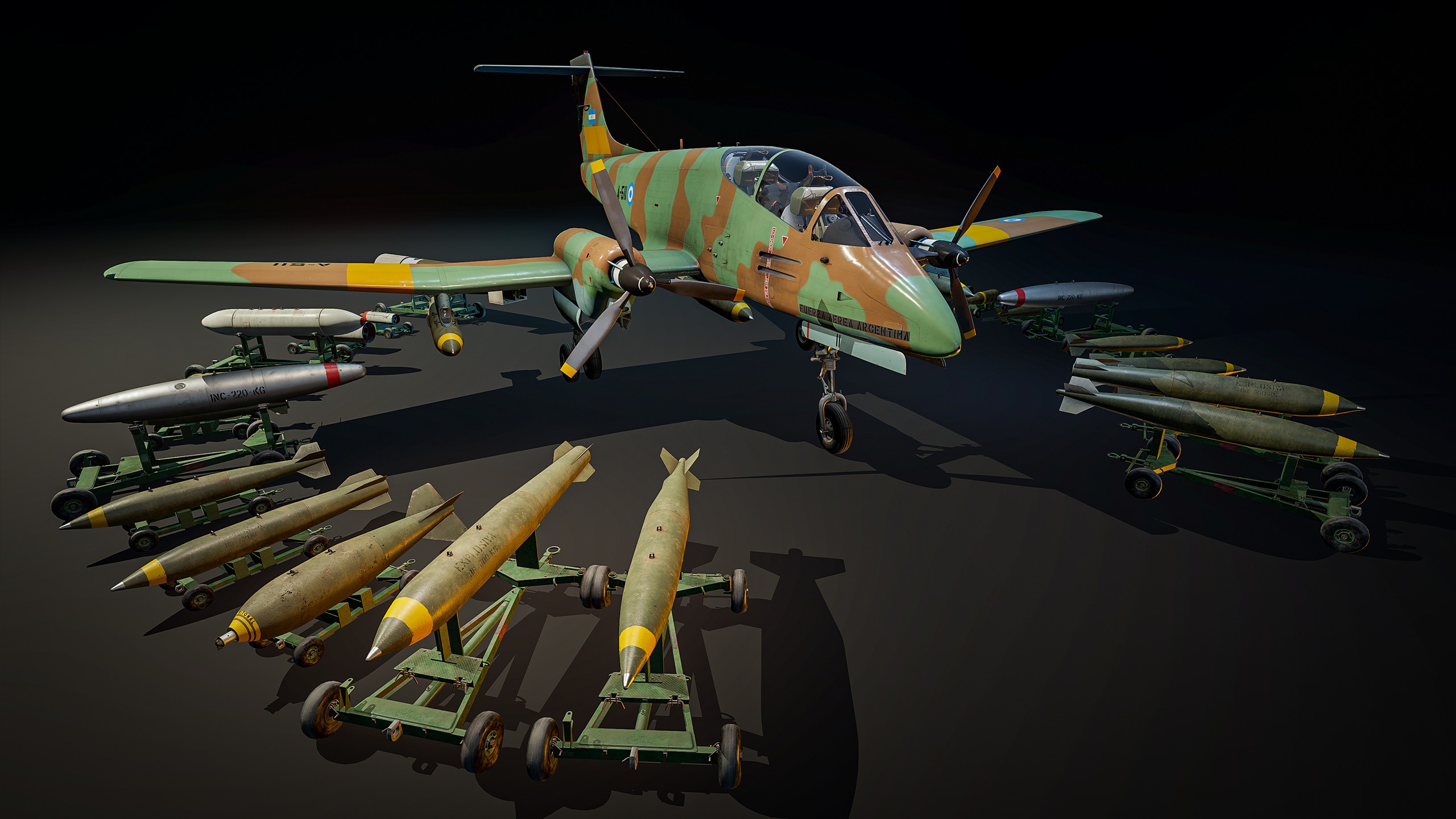 A camouflaged military aircraft, with Fuerza Aerea Argentina visible on its body, is surrounded by various missiles and bombs on wheeled carts.