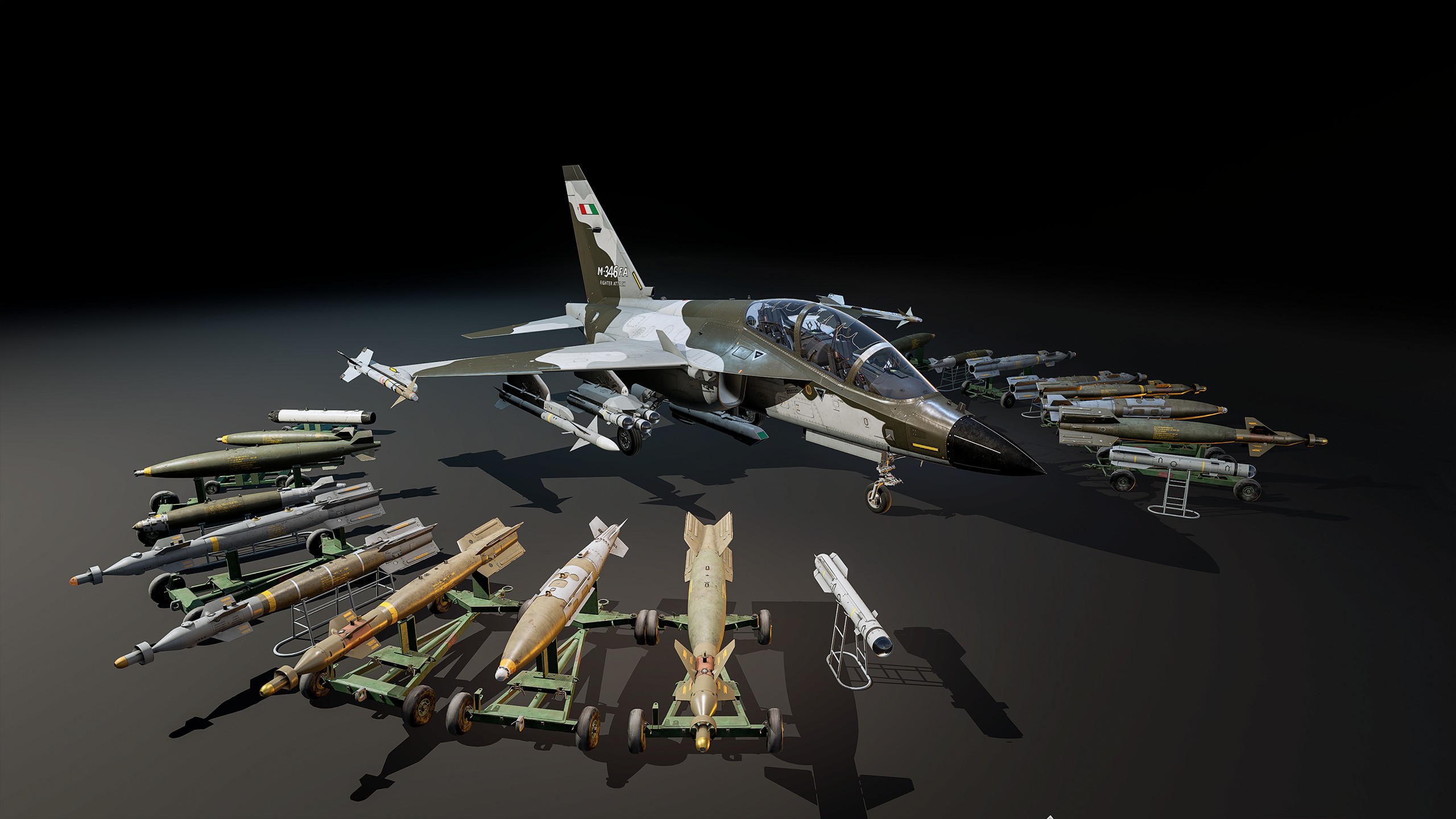 A military jet featuring the designation 'M-346FA' with various bombs and missiles displayed on trolleys around it in a dimly lit environment.