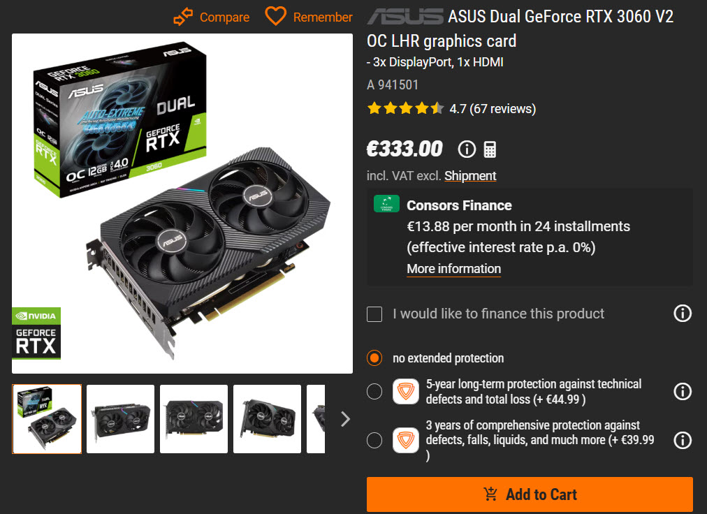 The image shows an ASUS Dual GeForce RTX 3060 V2 OC LHR graphics card priced at €333.00, with financing options available, shown alongside its packaging.