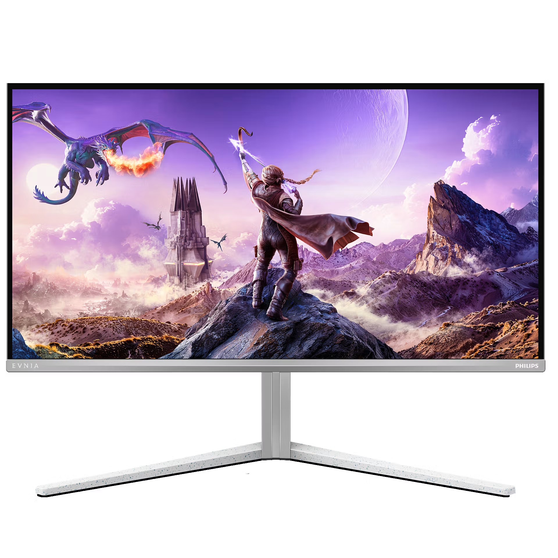 A Philips Evnia gaming monitor displays a fantasy scene with a warrior confronting a dragon at a mountain peak.