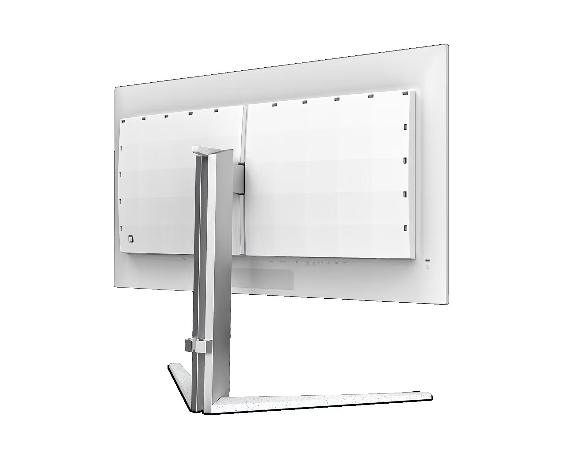 The image shows the rear view of a Samsung Odyssey Neo G9 monitor with a wide, curved display and a sleek white finish, including a solid stand and subtle branding.