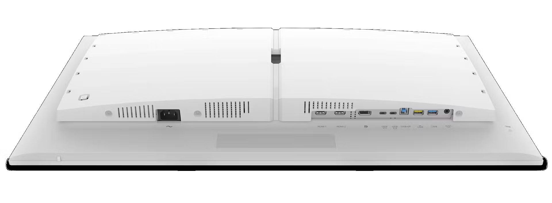 The back of an unbranded white monitor displaying multiple ports including two HDMI, DisplayPort, USB-C, USB 3.0, and an audio jack.