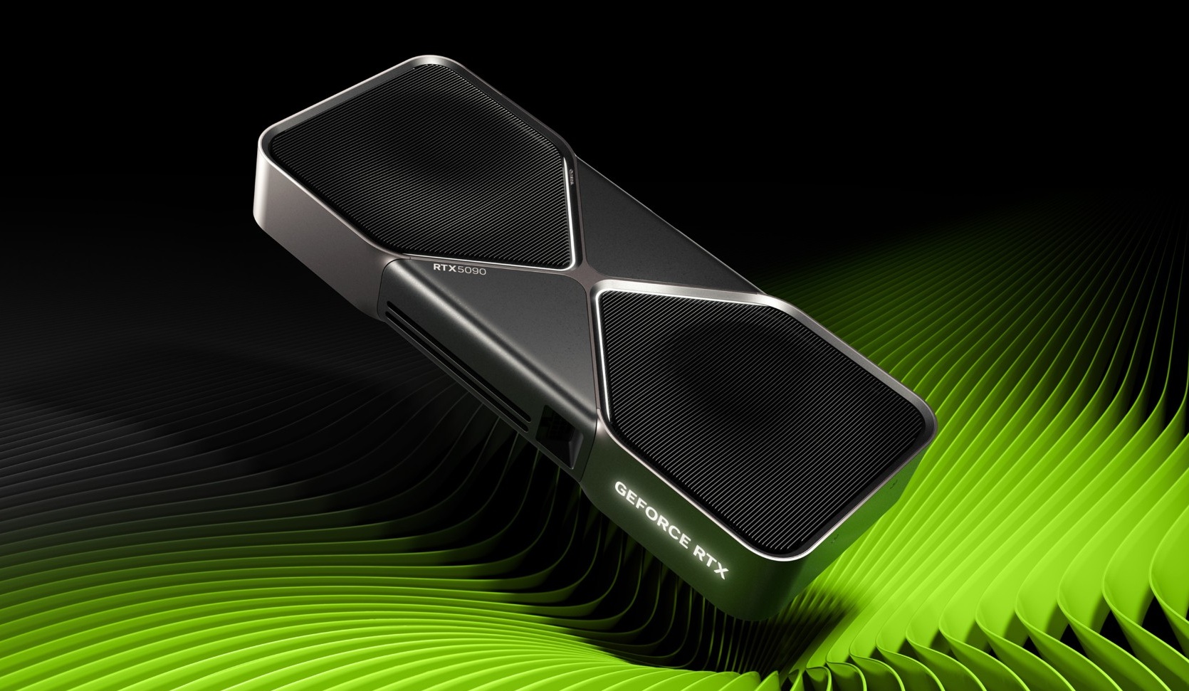 NVIDIA GeForce RTX 5090 graphics card displayed on a green and black abstract background.
