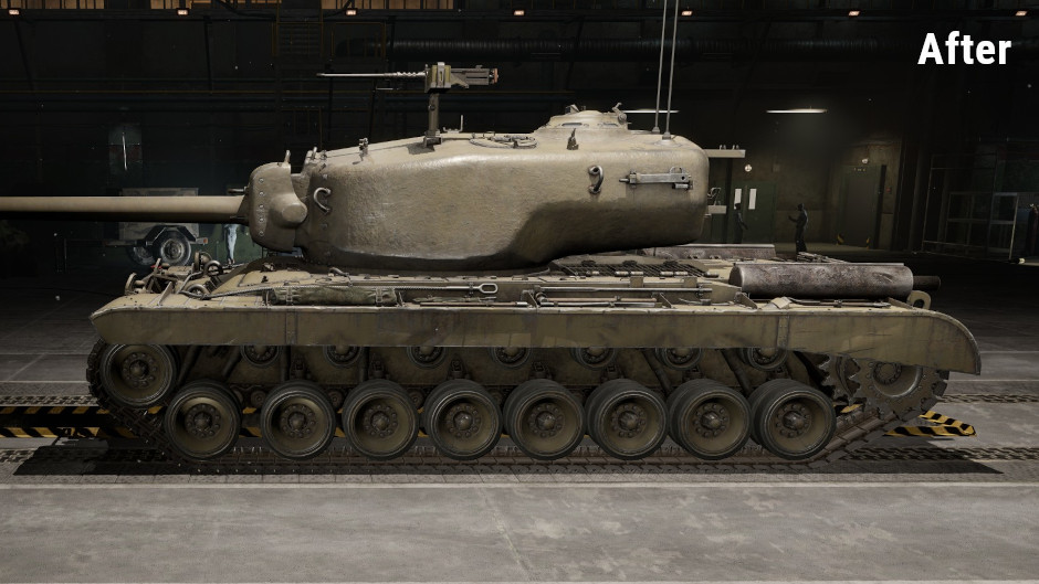A detailed view of a tank in a hangar with the text 'After' in the upper right corner, showing improved textures and lighting.