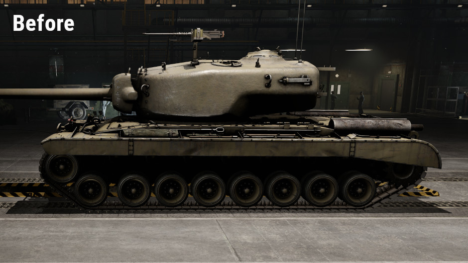 A tank inside a warehouse with the word 'Before' in the top left corner.