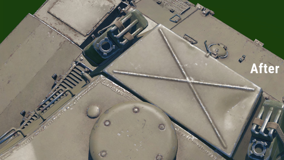 A detailed view of a tank's surface with rivets and a hatch, featuring the caption 'After' in the upper right corner.