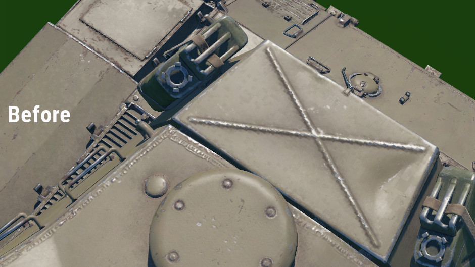 A close-up view of a military vehicle's metal surface with visible weathering and an on-image text reading 'Before'.