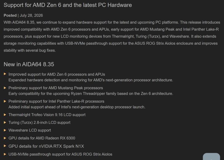 A screenshot displays the release notes for AIDA64 version 8.35, highlighting 'support for AMD Zen 6 and the latest PC hardware' and listing features like preliminary support for AMD Mustang Peak processors and Intel Panther Lake-R processors.