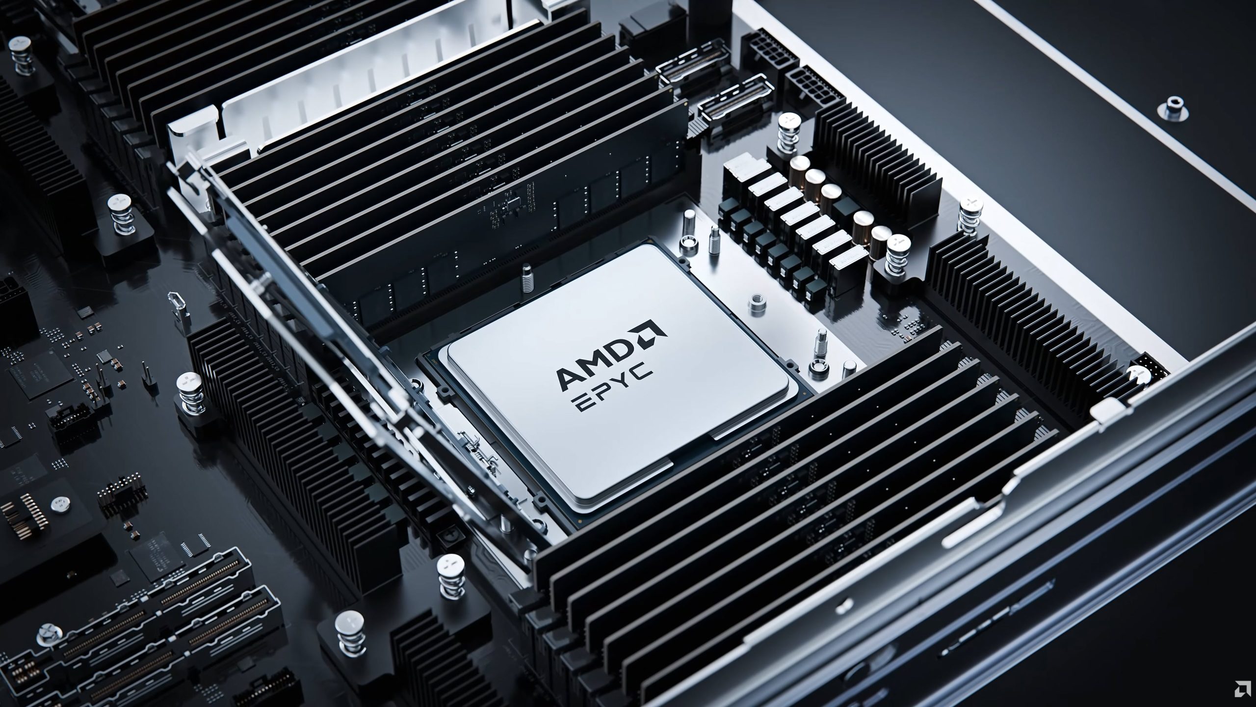 A close-up of an AMD EPYC processor installed on a motherboard with multiple RAM slots and heatsinks visible.