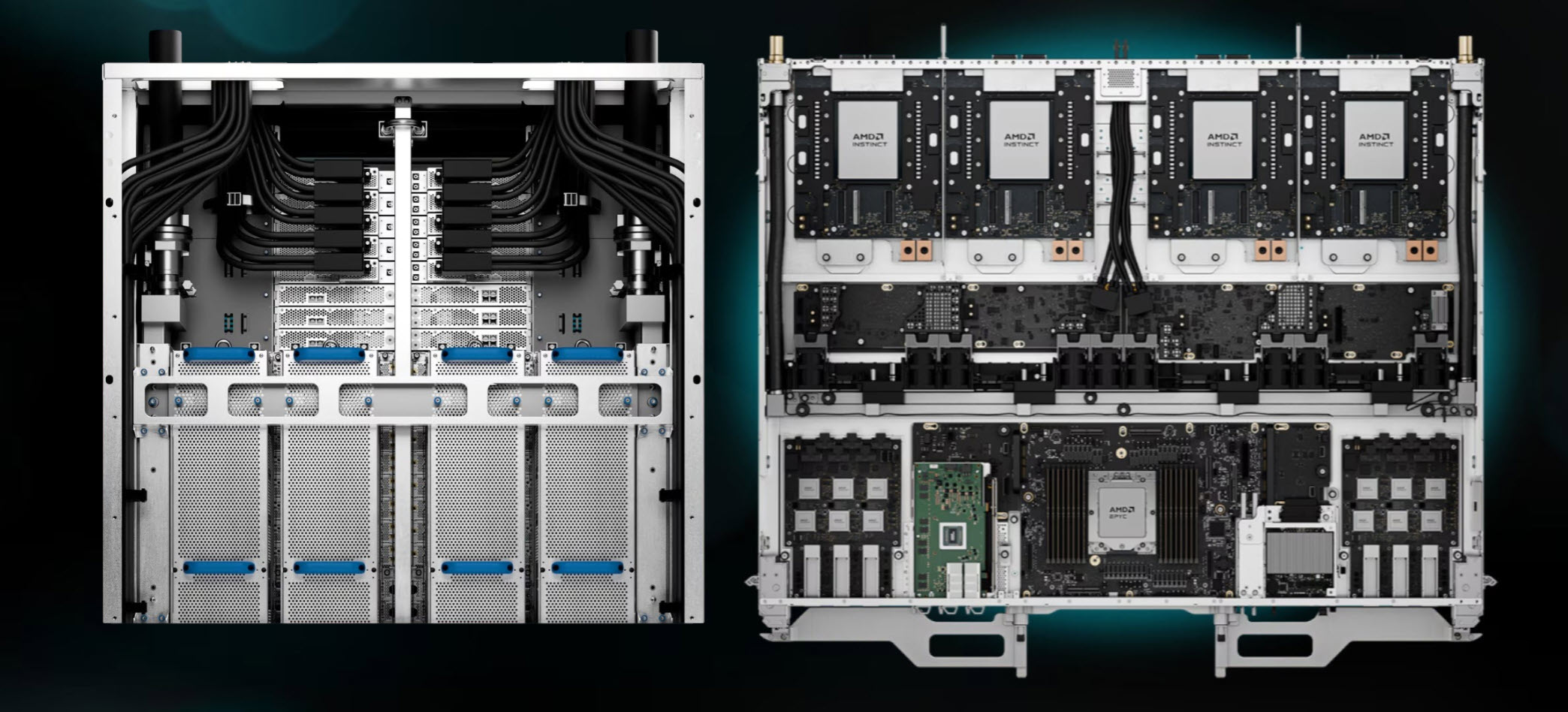 A server setup featuring AMD Instinct accelerators and an AMD EPYC processor is shown in an open chassis with visible cooling infrastructure.