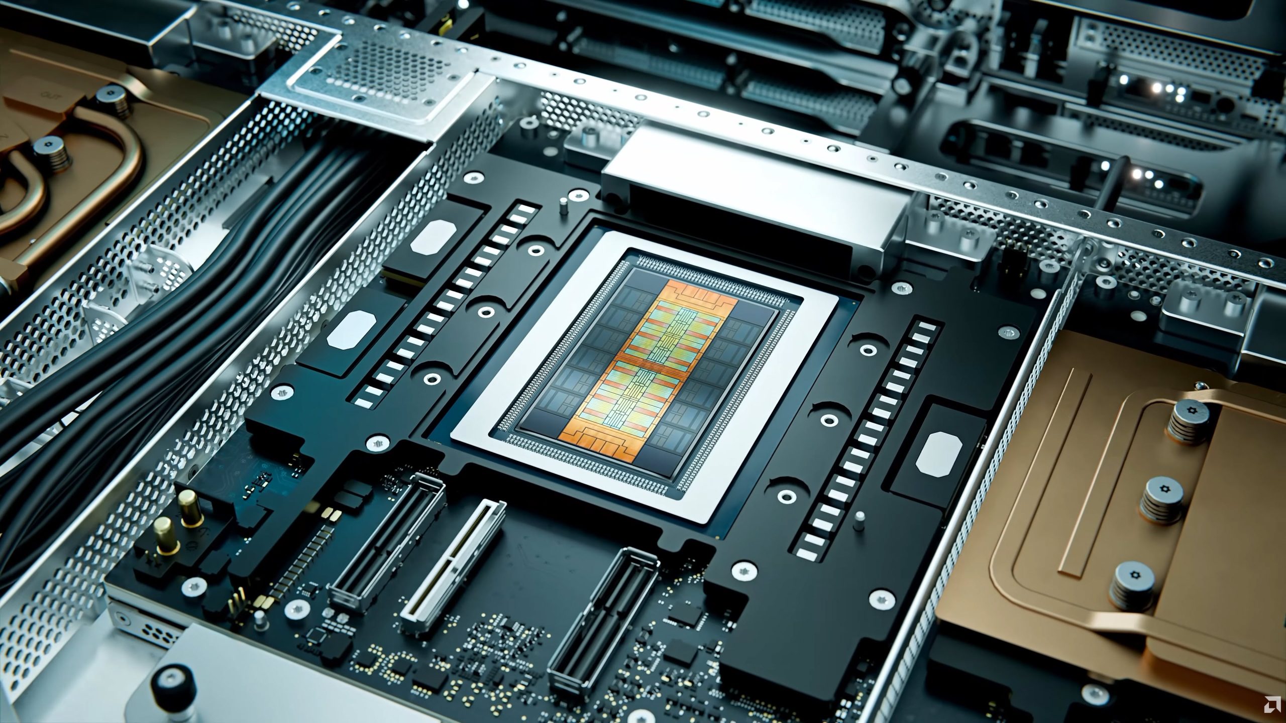 A detailed view of a server motherboard with an integrated processor featuring visible circuitry and cooling system components.