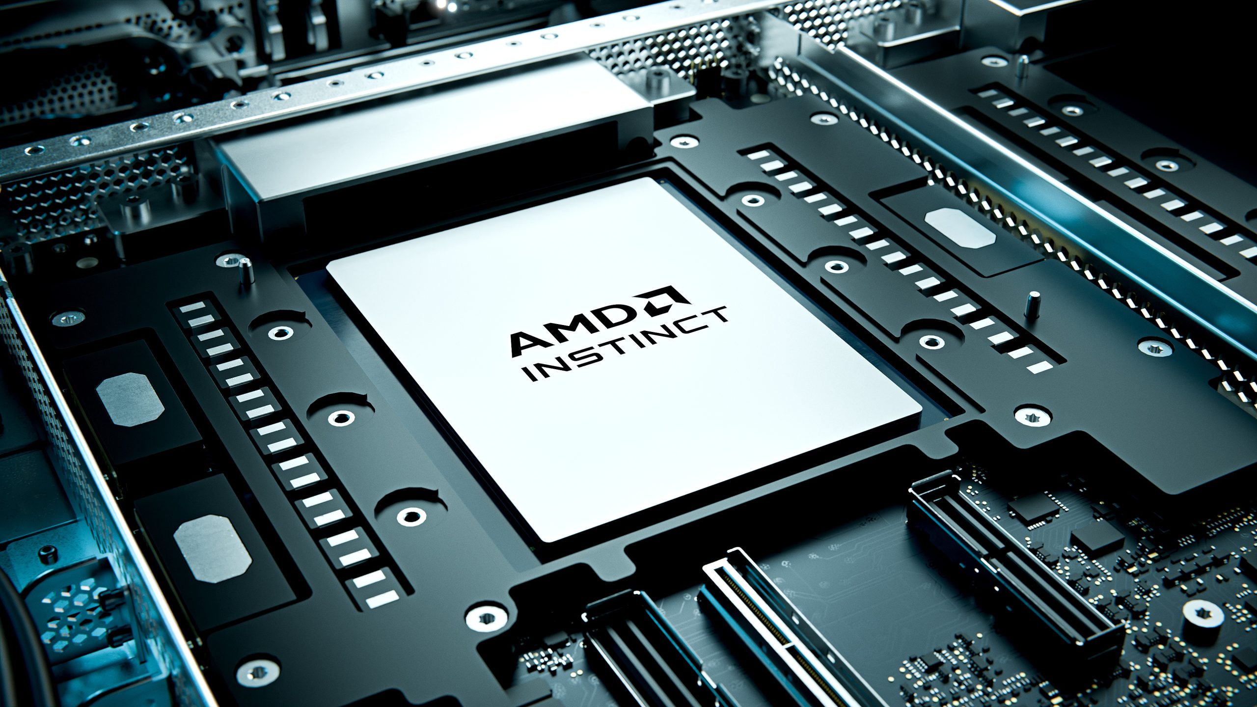 AMD Instinct chip installed on a server motherboard.
