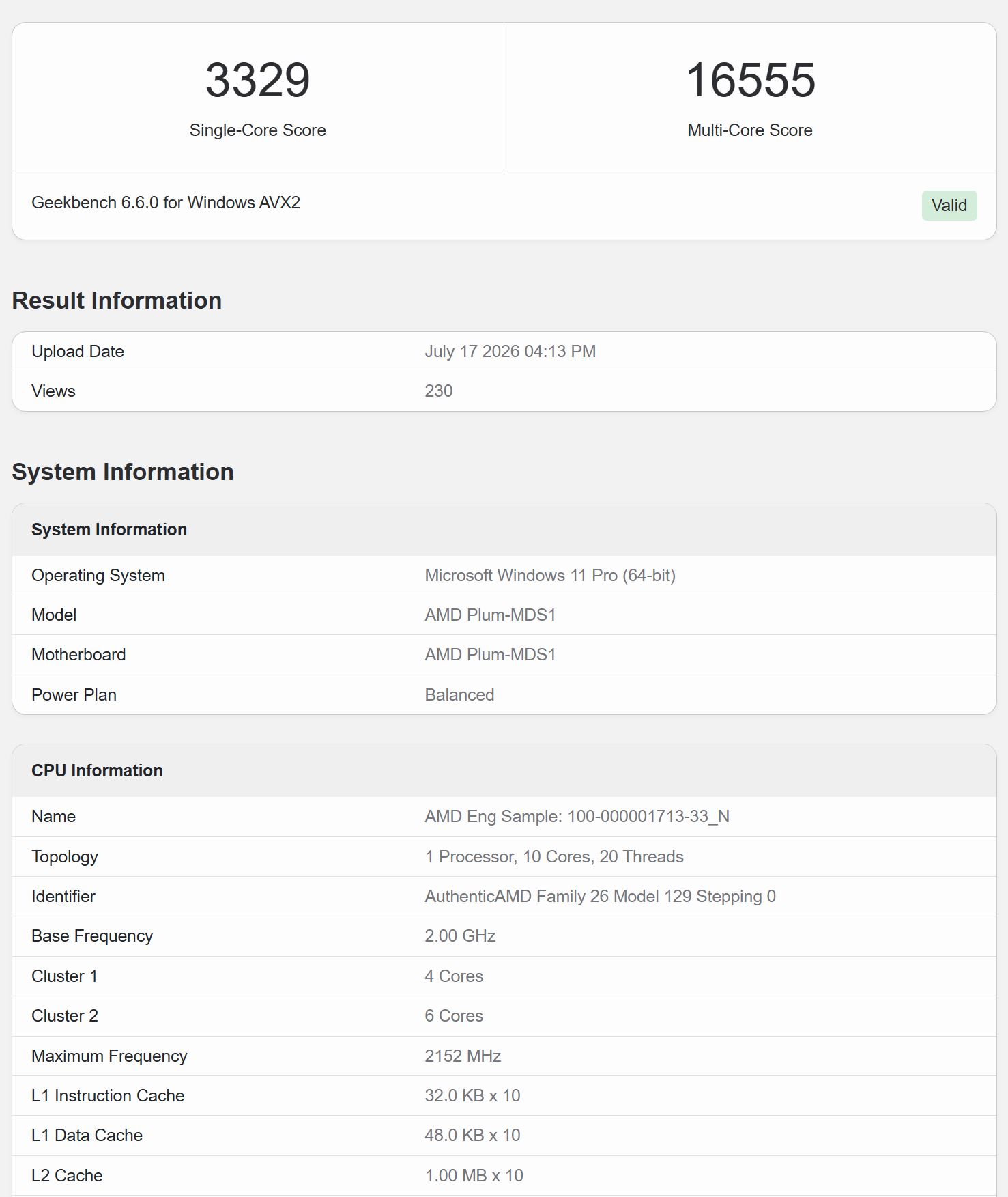 A Geekbench 6.6.0 score display shows an AMD Plum-MDS1 achieving a 'Single-Core Score' of 3329 and a 'Multi-Core Score' of 16555 on Microsoft Windows 11 Pro (64-bit).