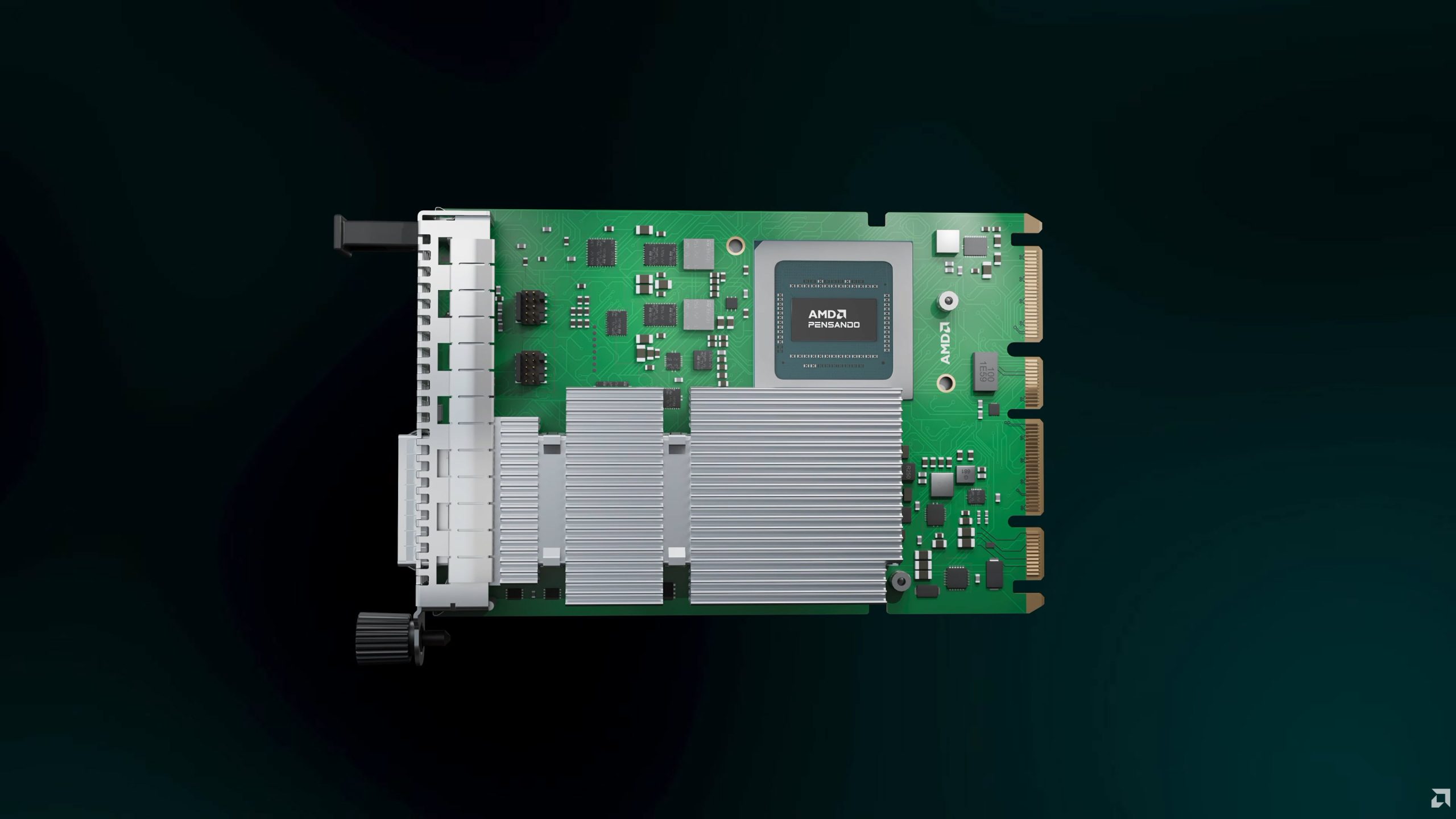 An AMD Pensando chip on a green printed circuit board with a large heat sink and multiple connectors.