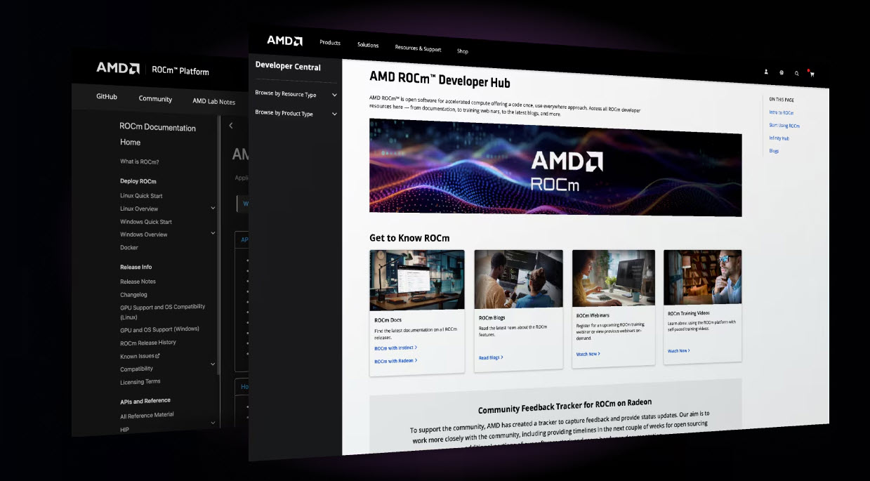 The image shows the AMD ROCm Developer Hub webpage with sections labeled 'Get to Know ROCm' including links to 'ROCm Docs,' 'ROCm Blogs,' 'ROCm Webinars,' and 'ROCm Training Videos.'