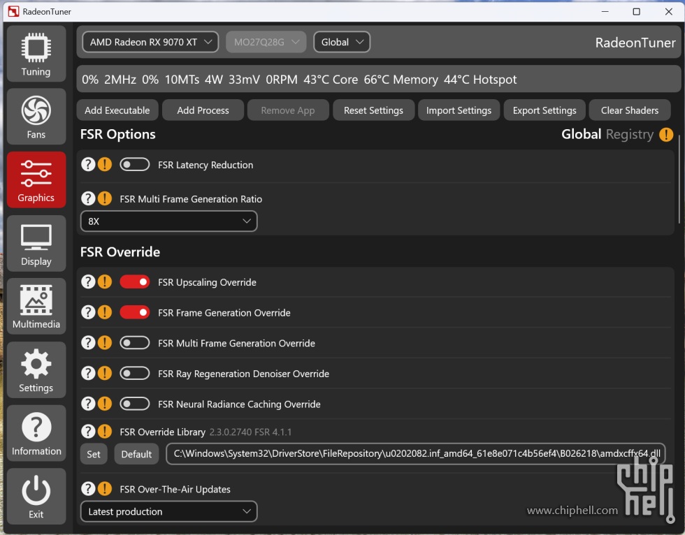 The image shows the RadeonTuner interface for the AMD Radeon RX 9070 XT, displaying graphics settings including 'FSR Multi Frame Generation Ratio' set to 8X and various 'FSR Override' options toggled.