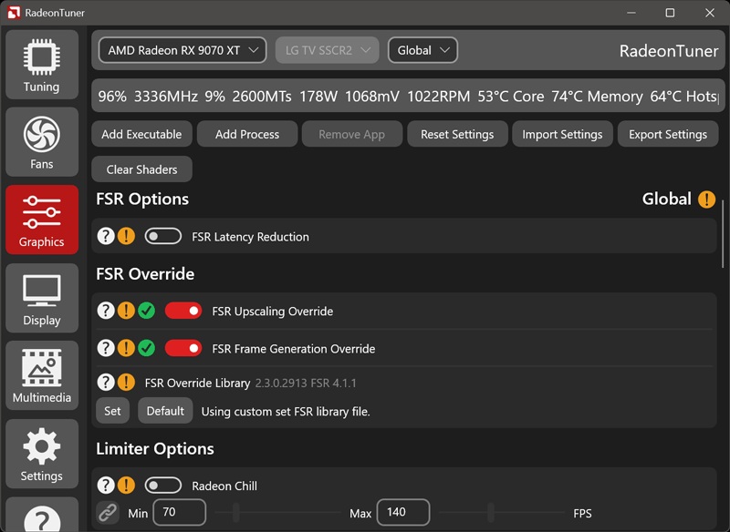 A RadeonTuner application interface displays settings for an AMD Radeon RX 9070 XT, with options for 'FSR Latency Reduction' and 'FSR Upscaling Override' under the Graphics section.