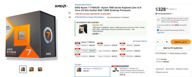 The AMD Ryzen 7 7700X3D processor is featured, with pricing details showing a discounted price of $328.99 from Newegg, alongside other Ryzen processor options.