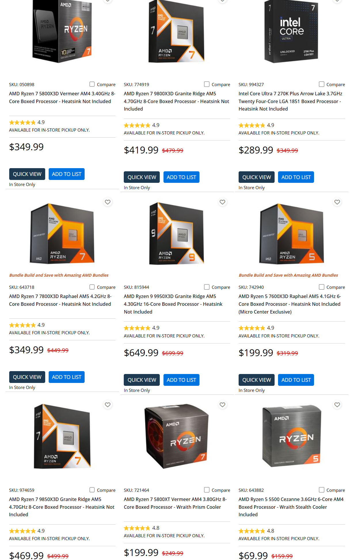 A grid of various AMD and Intel processors displayed for sale, including the AMD Ryzen 7 5800X3D, AMD Ryzen 9 9950X3D, and Intel Core Ultra 7 270K, with prices ranging from $69.99 to $649.99 and ratings of 4.8 or 4.9 stars.