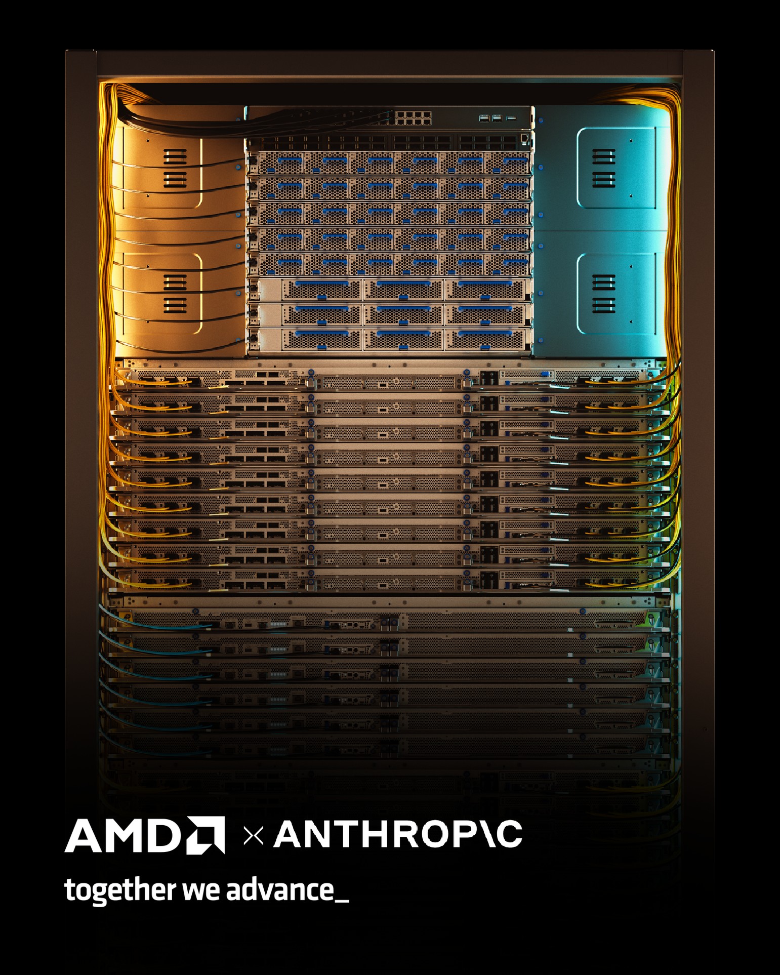 A rack of servers featuring AMD components is shown, with logos for AMD and Anthropic, accompanied by the text 'together we advance_'.