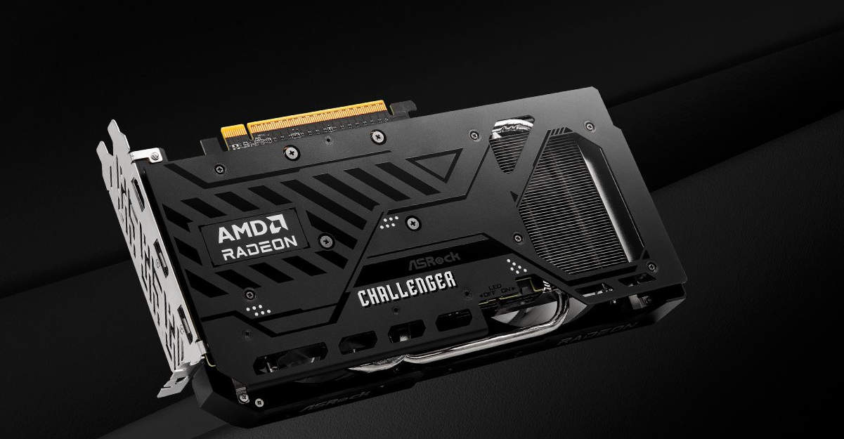 An ASRock Radeon Challenger graphics card with visible branding and design elements is displayed at an angle.