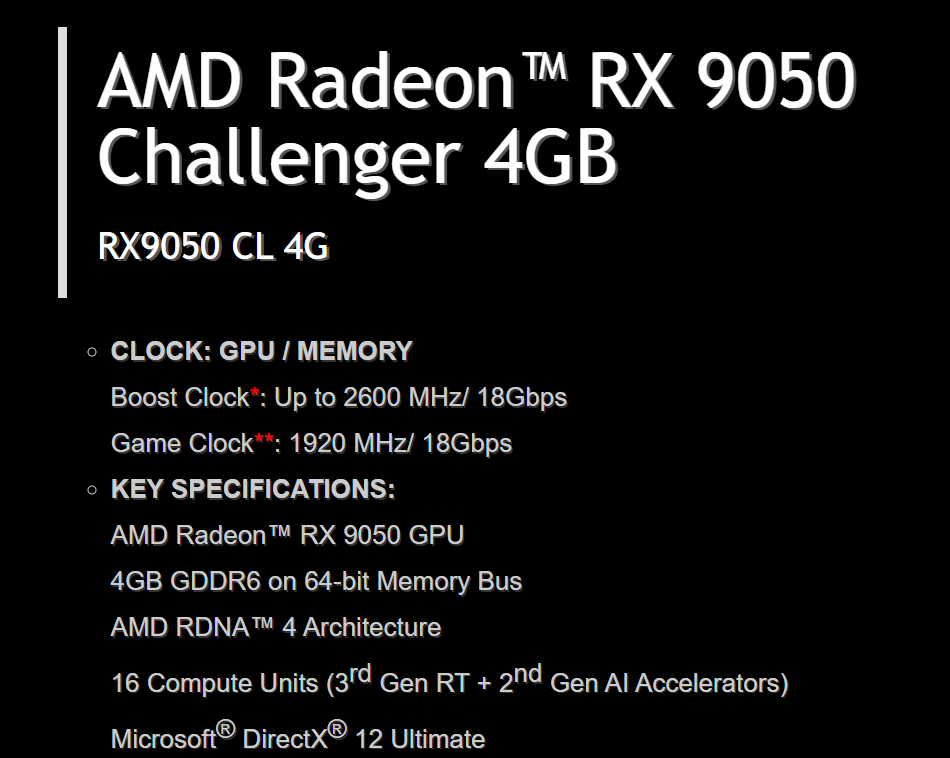 The image features specifications of the AMD Radeon RX 9050 Challenger 4GB, highlighting a boost clock of up to 2600 MHz/18Gbps, game clock of 1920 MHz/18Gbps, and key features like 4GB GDDR6, AMD RDNA 4 architecture, and 16 compute units.