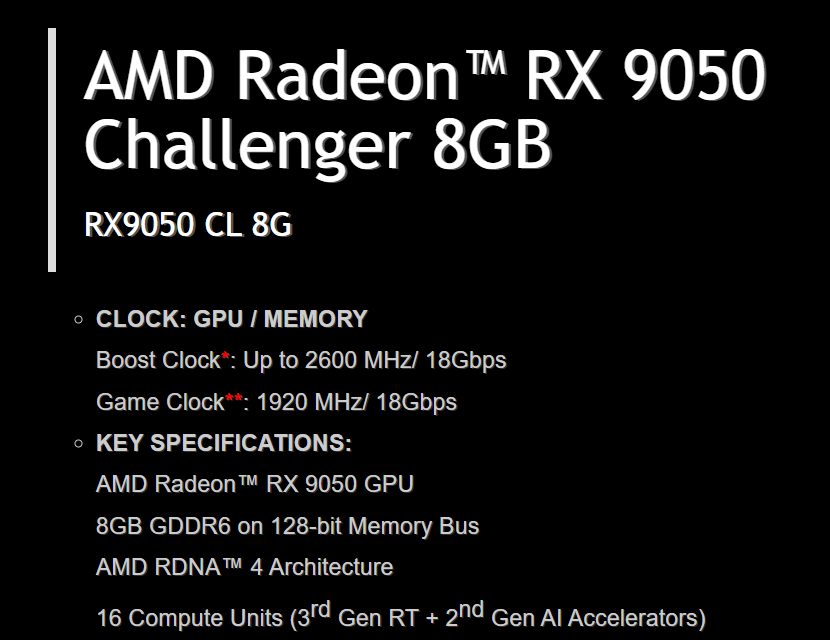 The image shows a specifications list for the AMD Radeon RX 9050 Challenger 8GB GPU, featuring a boost clock of up to 2600 MHz and 18Gbps memory, with key features including AMD RDNA 4 architecture and 16 compute units.