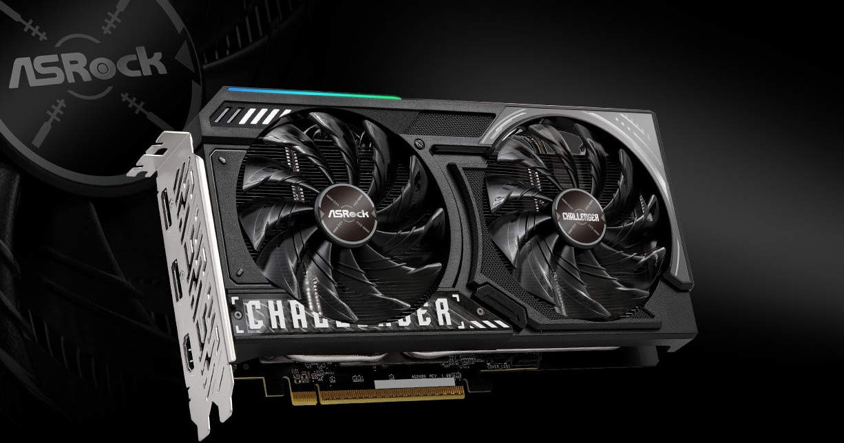 The image features an ASRock Challenger graphics card with dual fans, showcasing its cooling design against a dark background.