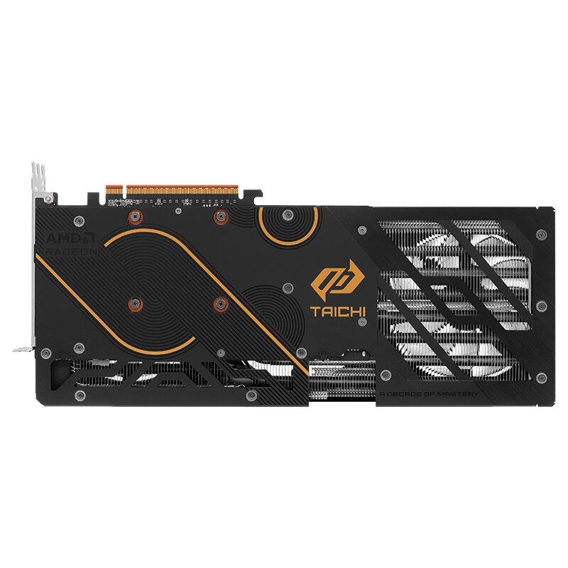 The image shows the backplate of an ASRock Taichi graphics card, featuring the 'AMD Radeon' branding and a distinctive design with gold accents and the Taichi logo.