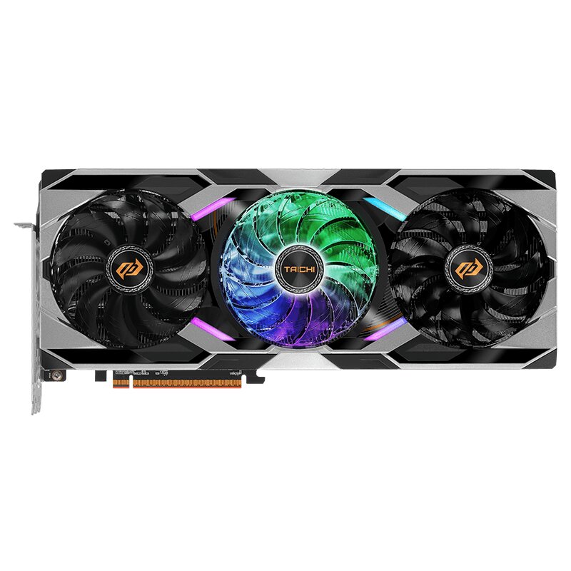 An ASRock Radeon RX 6750 XT Taichi graphics card with RGB lighting on the central fan.