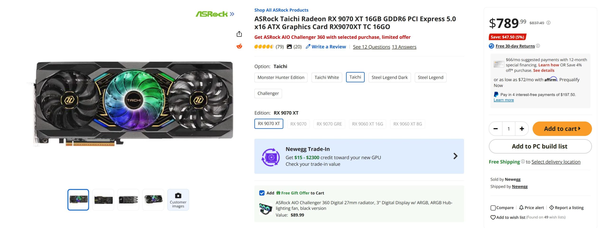 The image shows the ASRock Taichi Radeon RX 9070 XT 16GB GDDR6 PCI Express 5.0 x16 ATX Graphics Card with an option selected as 'Taichi' and priced at $789.99 on Newegg.