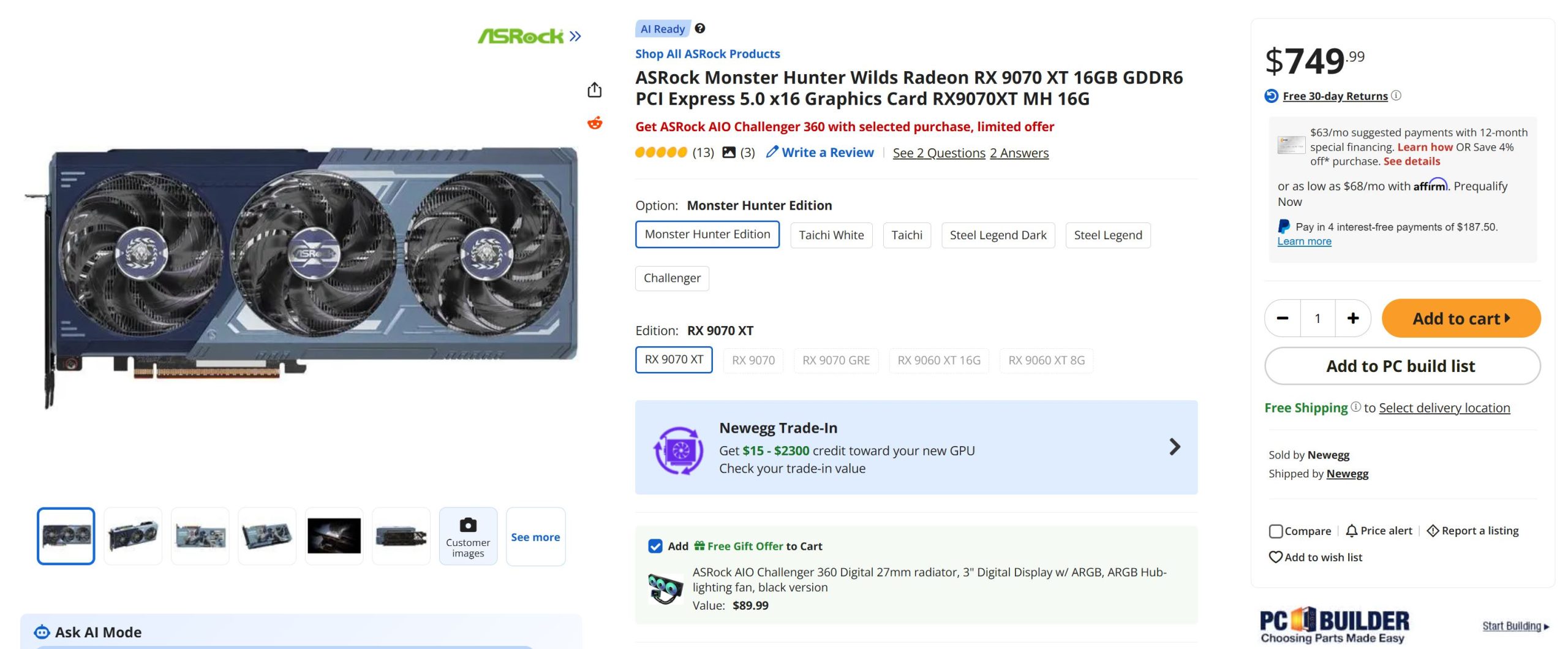 The ASRock Monster Hunter Wilds Radeon RX 9070 XT 16GB GDDR6 graphics card is priced at $749.99 on Newegg, with options for Monster Hunter edition and free shipping.