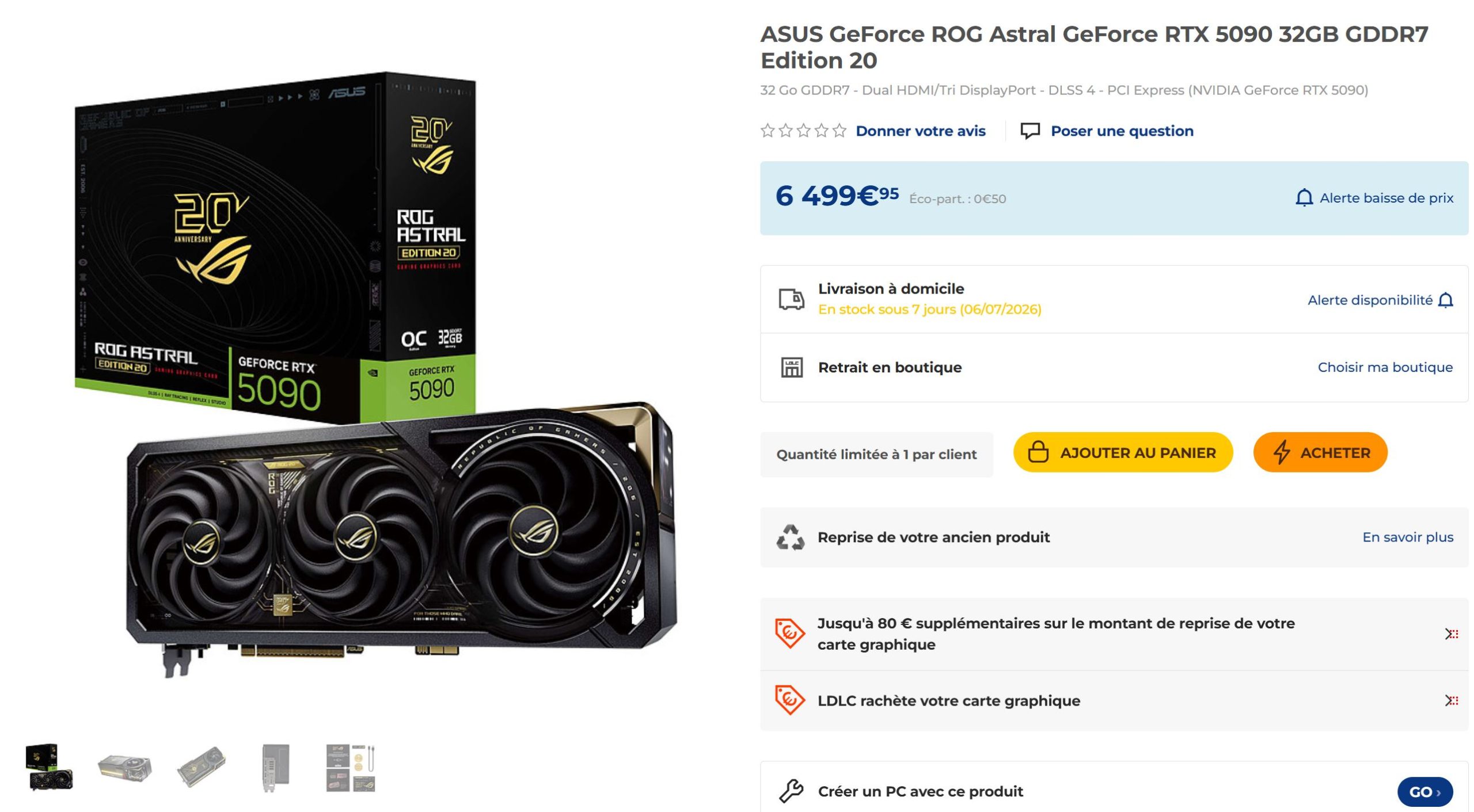 The ASUS GeForce ROG Astral RTX 5090 32GB GDDR7 graphics card is displayed with its packaging alongside an online listing showing a price of €6,499.95.