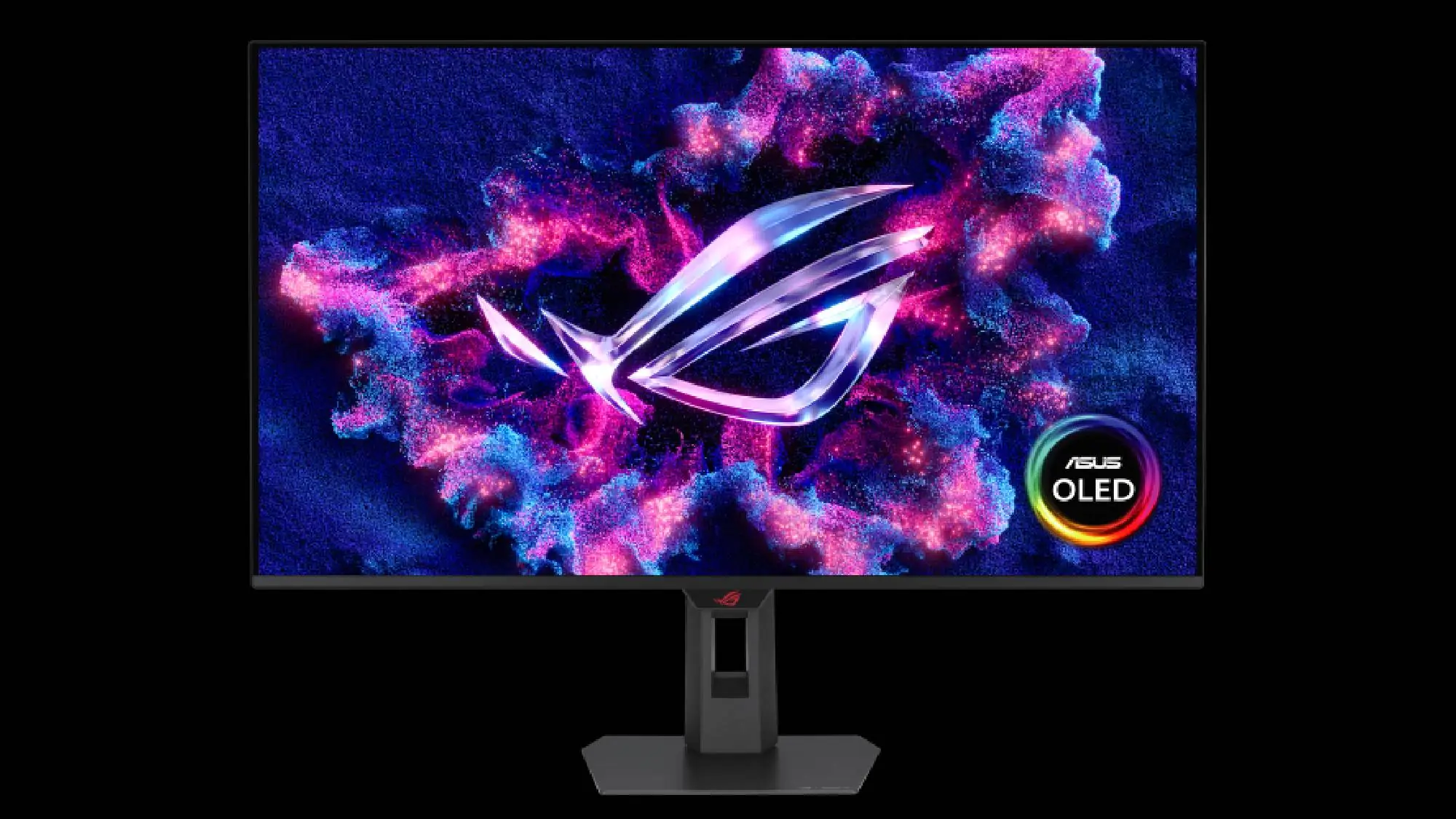 An ASUS ROG monitor displaying a vivid cosmic design with the 'ASUS OLED' logo visible.
