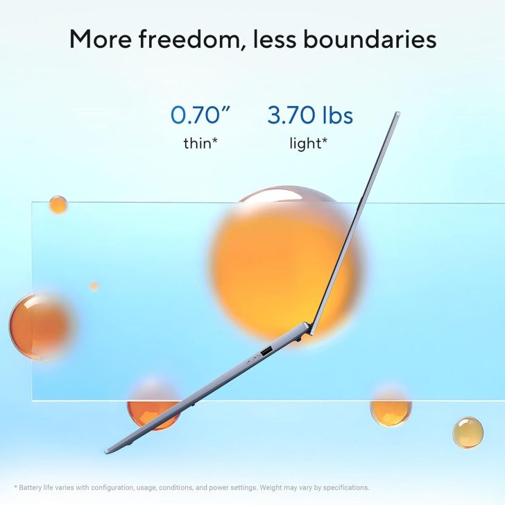 A thin, unbranded laptop with a profile of '0.70' and weight '3.70 lbs' is shown against a backdrop with the text 'More freedom, less boundaries'.